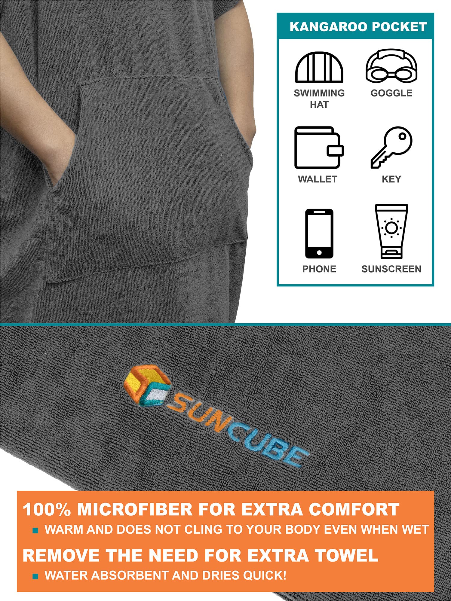 **SUN CUBE Surf Poncho Changing Robe with Hood - Quick Dry Microfiber Wetsuit Towel for Men & Women - Perfect for Surfing, Swimming & Beach Changing**