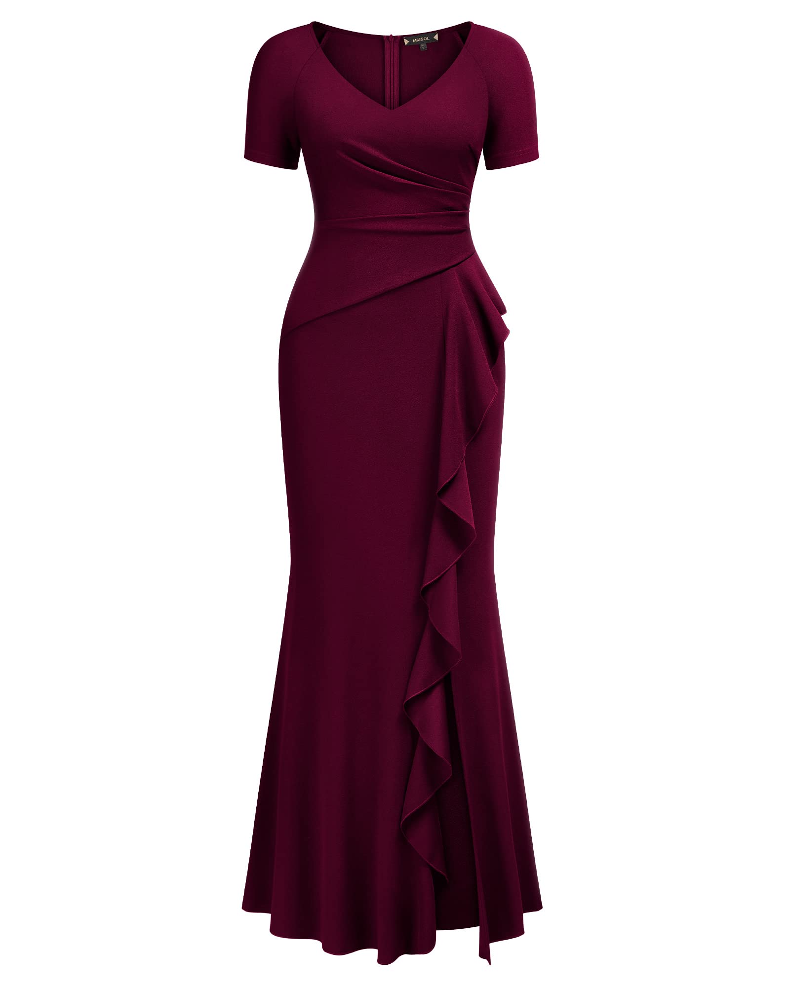 Miusol Women's Deep V-Neck Ruffle Split Evening Prom Long Dress - Elegant Formal Gown for Prom, Homecoming, Cocktail Party & Special Occasions