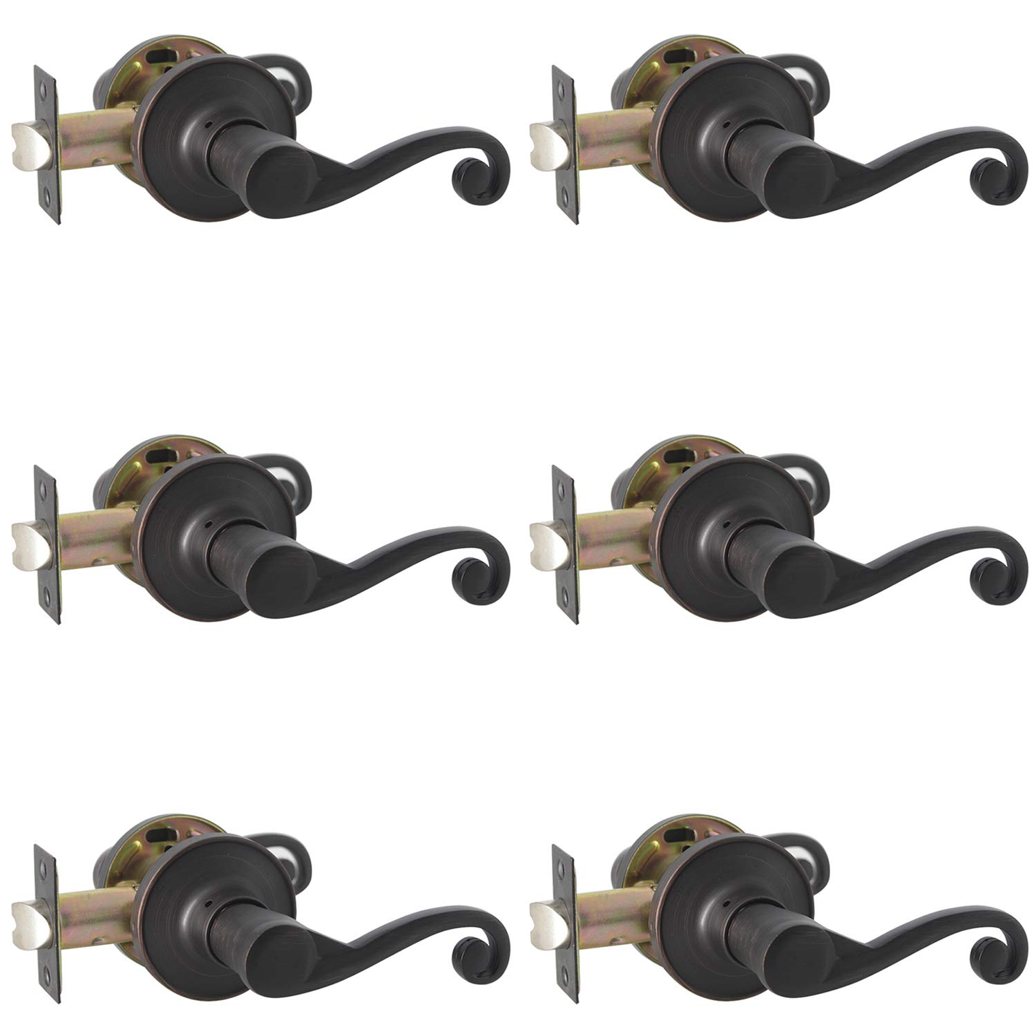 Probrico Wave Style Oil Rubbed Bronze Passage Door Levers - 6 Pack Non-Locking Handles for Hallway & Closet Doors (Right Handed) | Durable Interior Door Hardware for Home, Office & Commercial Spaces