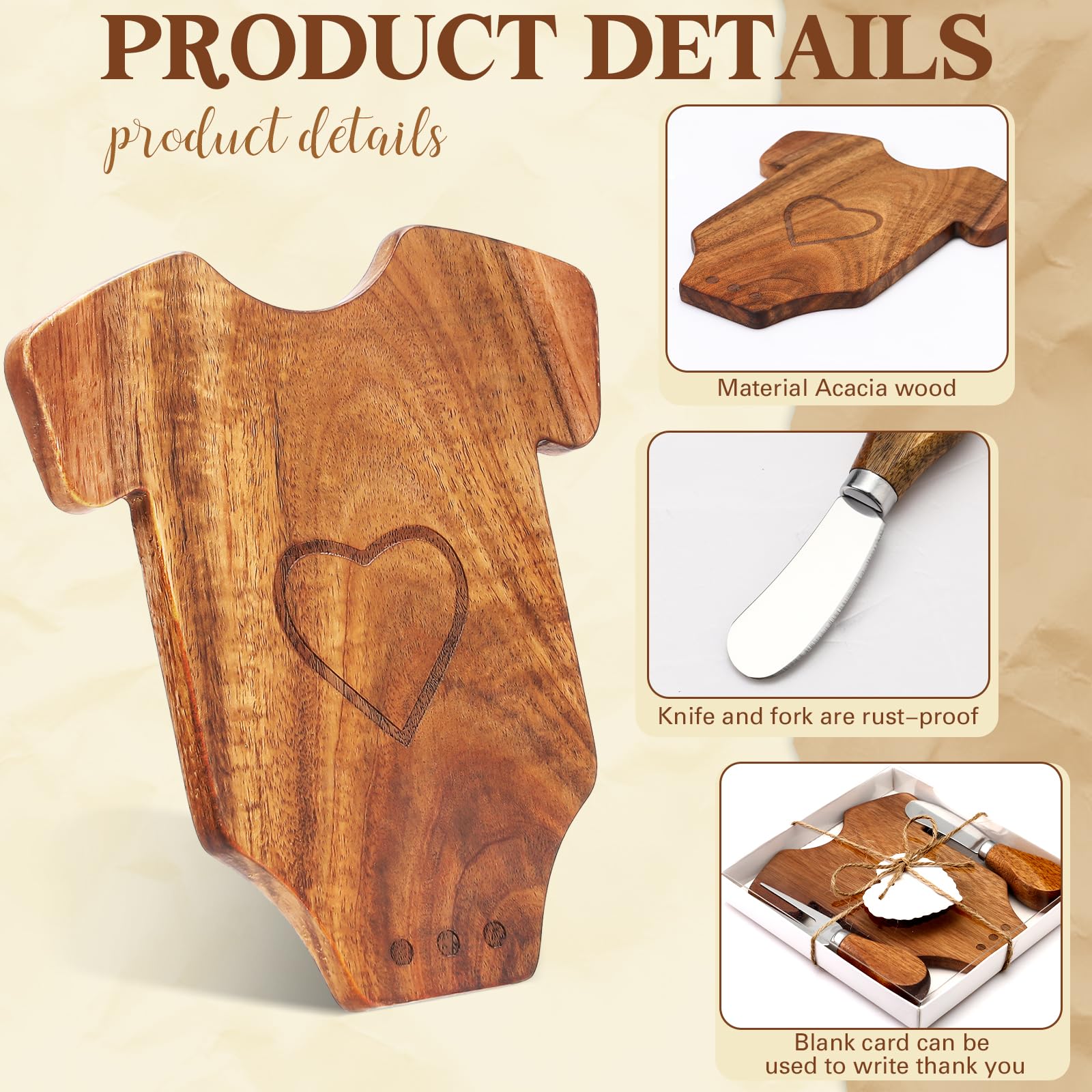 6-Piece Baby Shower Cheese Board Set - Wooden Mini Charcuterie Boards with Knives, Forks, Cards & Gift Box - Perfect for Baby Showers, Bridal Showers & Party Favors (Bodysuit Shape) - Great for Hosting, Gifting & Special Celebrations