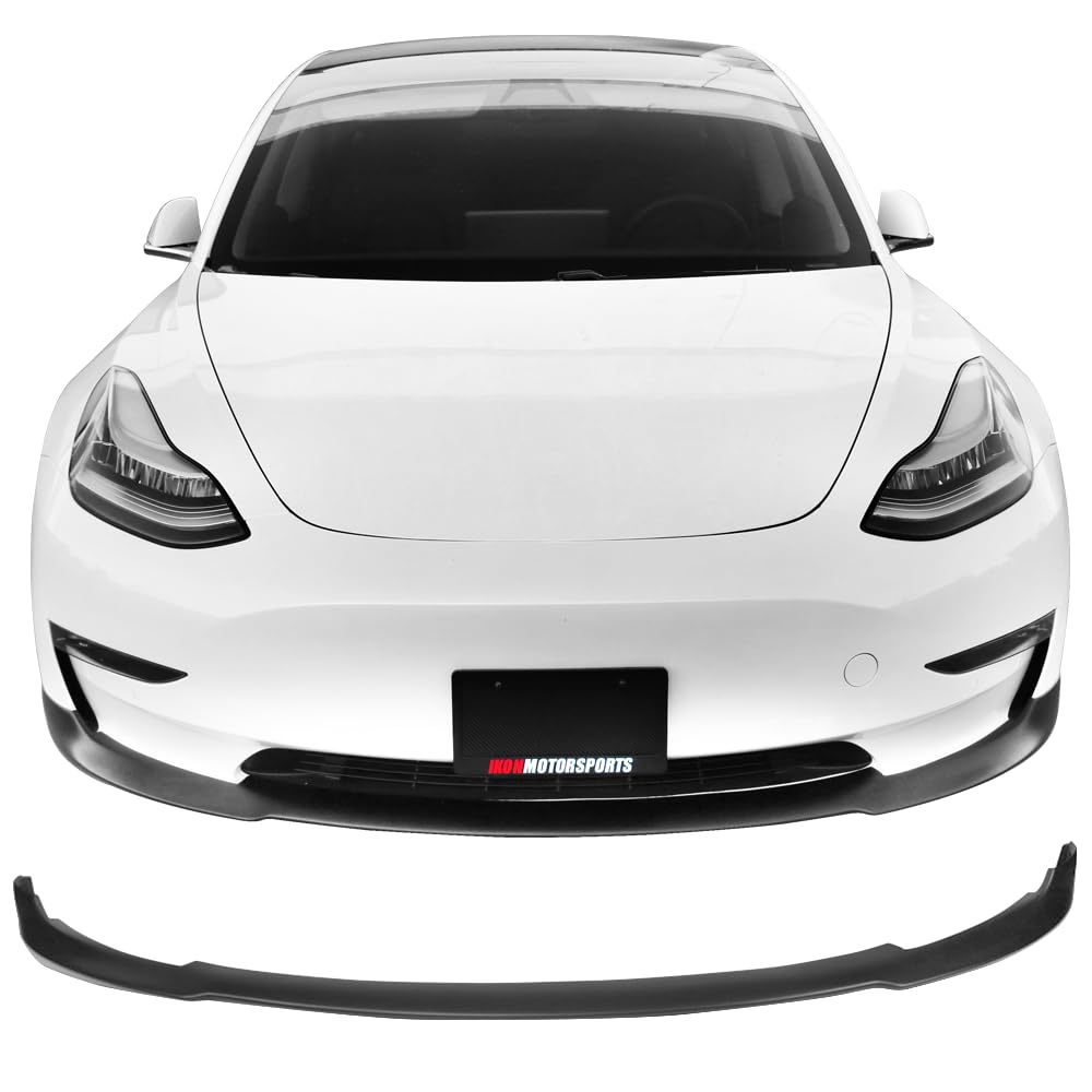 IKON MOTORSPORTS Front Bumper Lip for 2017-2023 Tesla Model 3 | Matte Black PP Polypropylene Front Lip Spoiler | Aerodynamic Upgrade for Enhanced Style & Performance