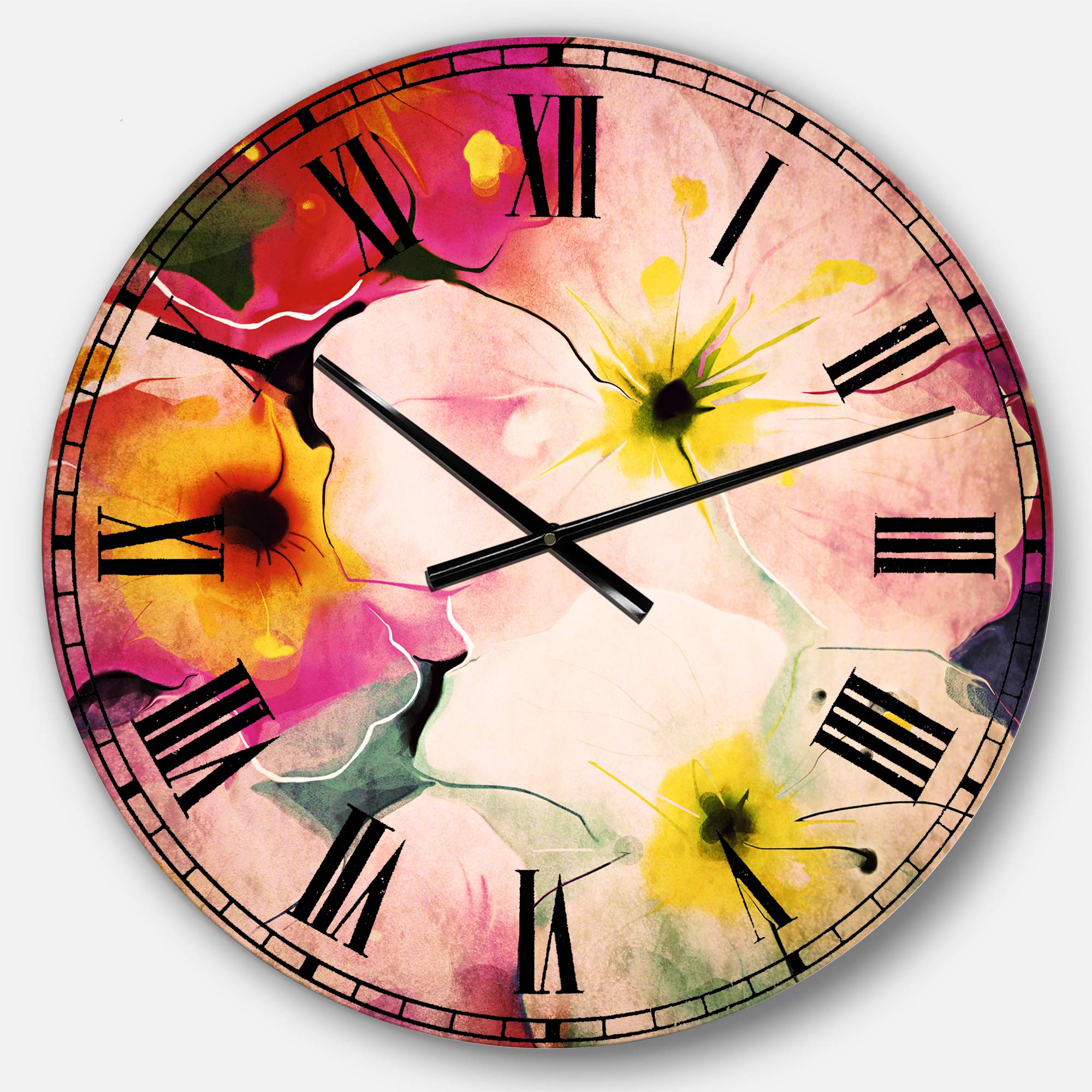 Designart Colorful Watercolor Floral Pattern Wall Clock - Traditional Round Metal Wall Art for Home Decor, Living Room, Bedroom & Office | Perfect for Boho, Farmhouse & Vintage Style Interiors