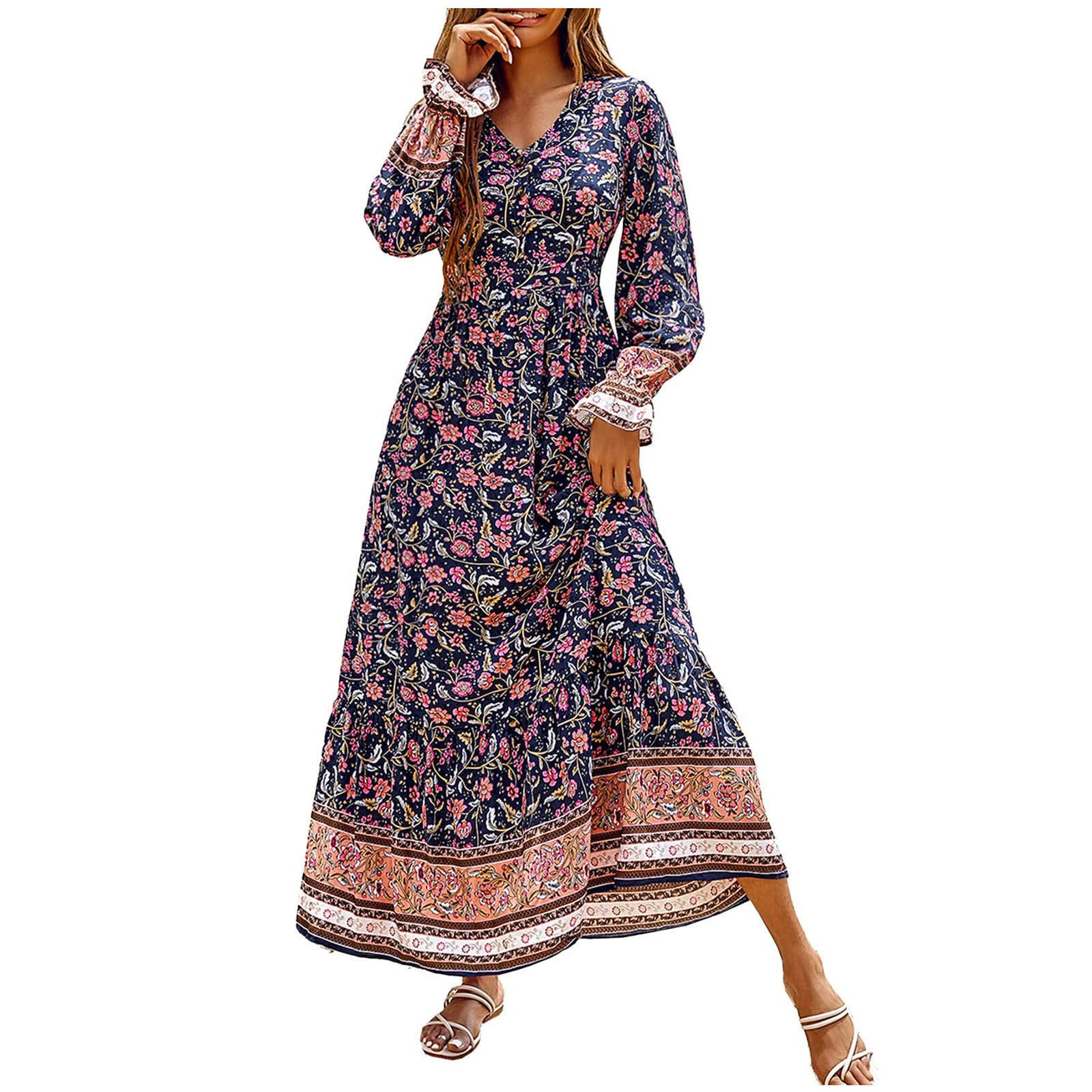 Women's Long Sleeve Flowy Floral Print V-Neck Dress for Fall - Casual Elegant Maxi Dress for Autumn Weddings, Office Wear & Date Nights