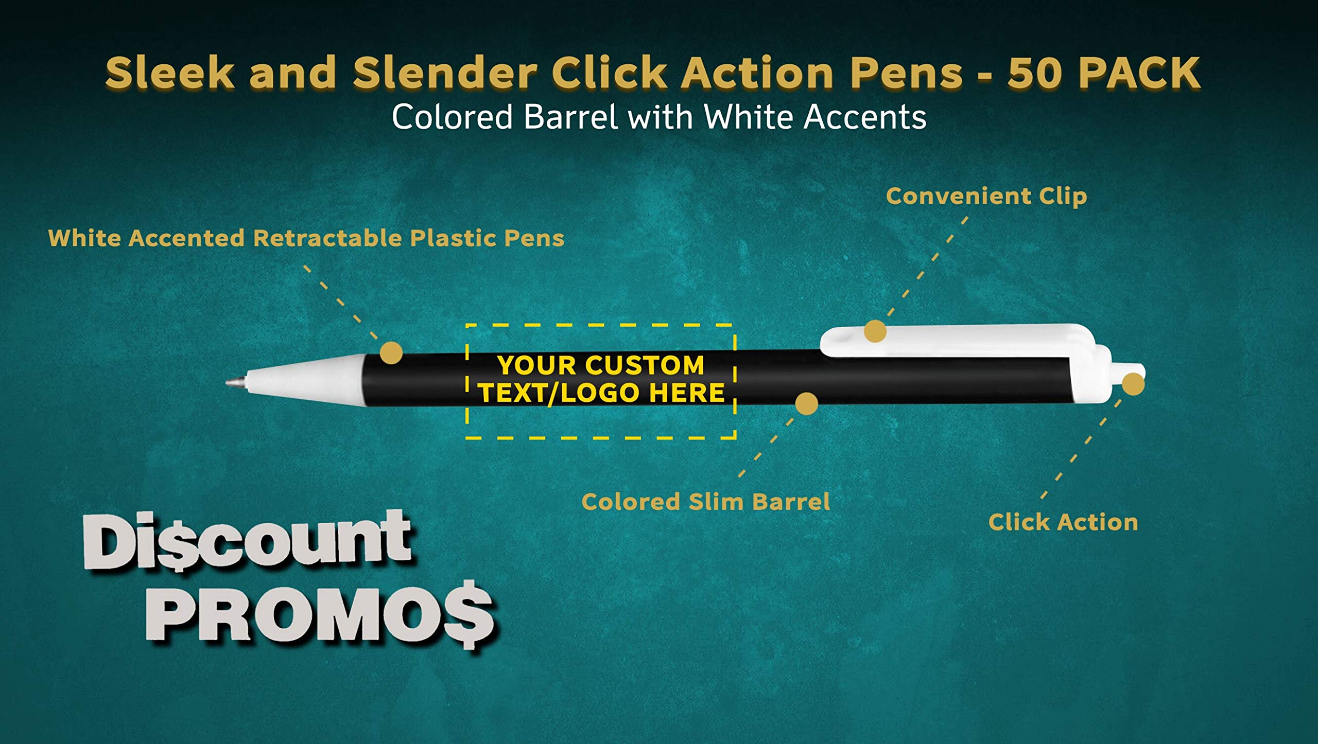 50 Pack Retractable Pens with Custom Text & Logo - Slim Barrel Black Ink Pens for Office, School, Business Promotions - Bulk Promotional Pens for Corporate Gifts, Events & Branding