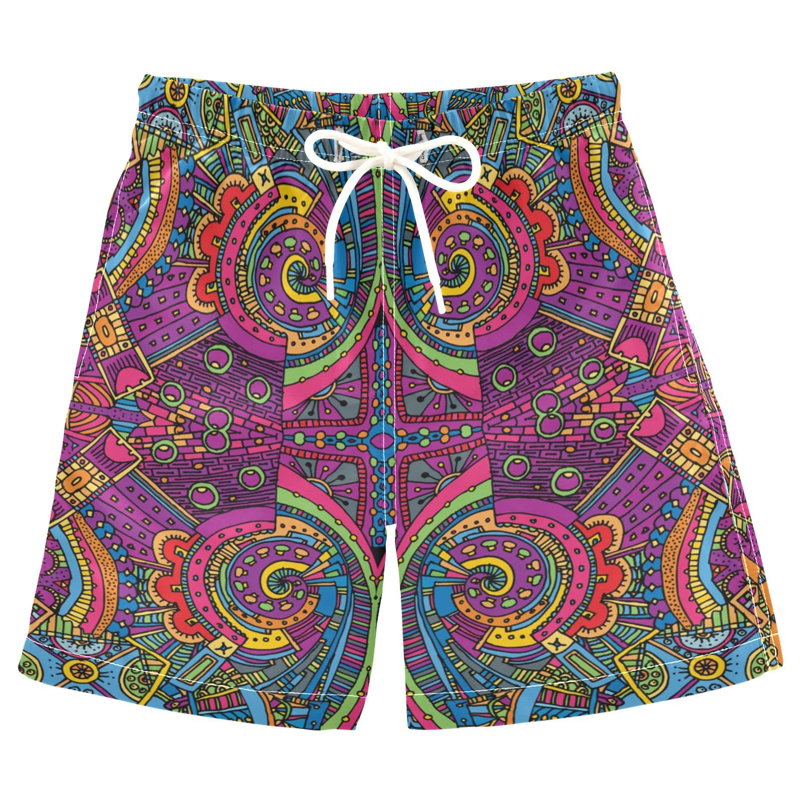 Retro Floral Mandala Print Boys Swim Trunks - Adjustable Waist Toddler Swim Shorts for Beach & Pool - 8-14 Years (8-14T) - Perfect for Summer Vacation, Water Play & Swim Lessons