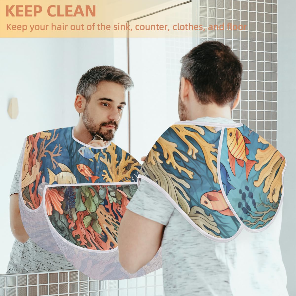 Men's Corals Fish Pattern Shaving Bib - Waterproof Beard & Hair Dye Apron for Barbers, Stylists & DIY Grooming - Sink Hair Catcher & Gift for Beard Trimming, Lineup & Makeup Application