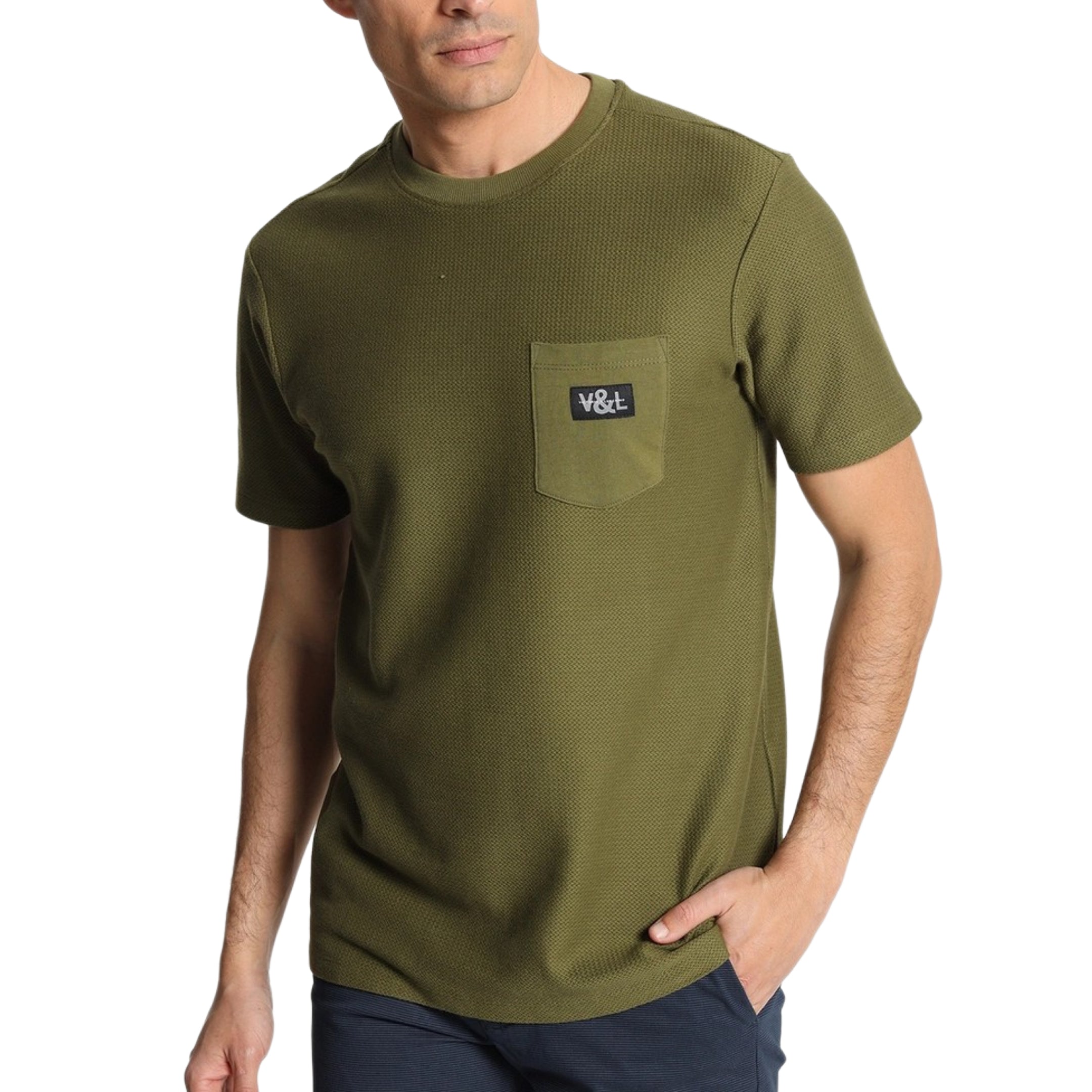 V&Lucchino Textured Cotton T-Shirt for Men - Soft Green Casual Tee - Perfect for Everyday Wear, Outings & Relaxation