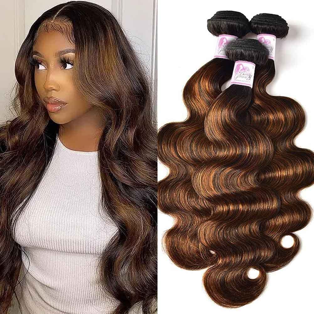 Beauty Forever FB30 Highlight Indian Body Wave Human Hair Weave 3 Bundles (16/18/20 Inch) - Balayage Ombre Blonde Remy Human Hair Extensions for Sew-In - Perfect for Daily Styling, Parties & Special Occasions