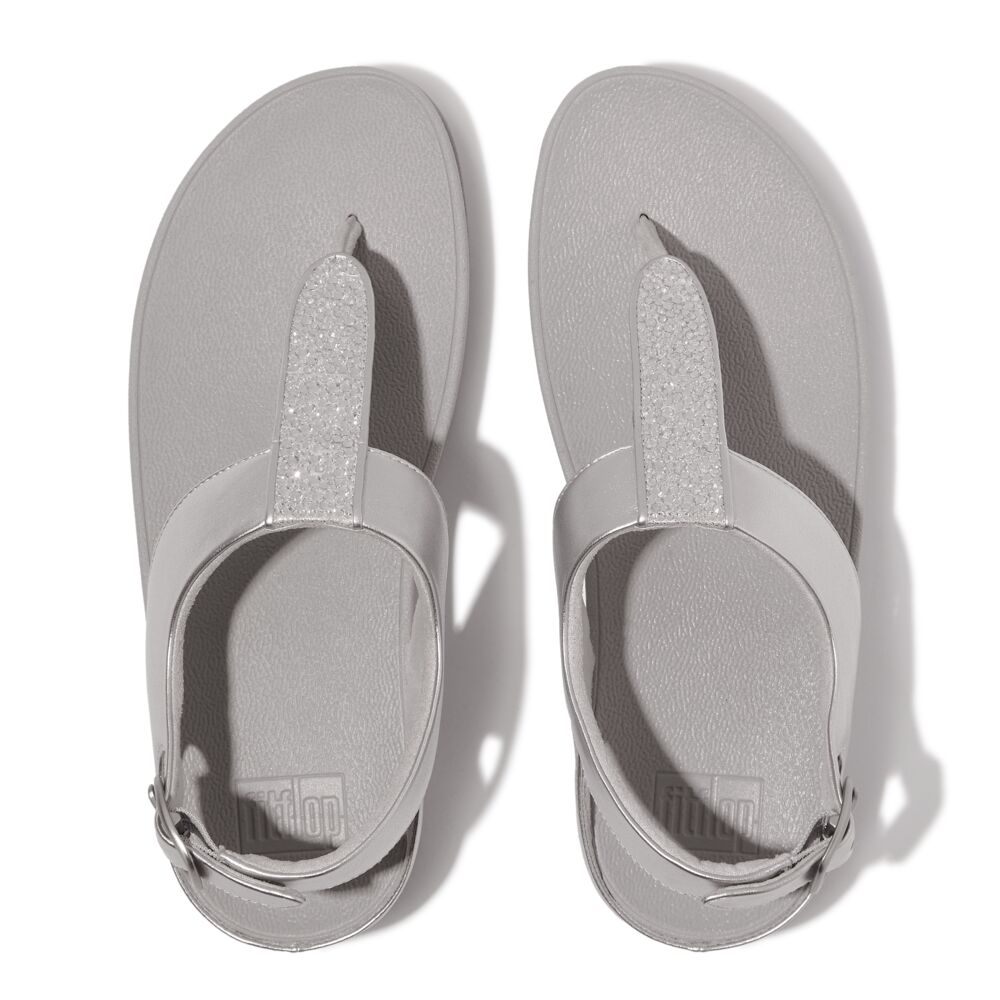 FitFlop Fino Crystal Mix T-Strap Sandals for Women - Comfortable Silver Glitter Flip Flops for Beach, Pool & Summer Outfits
