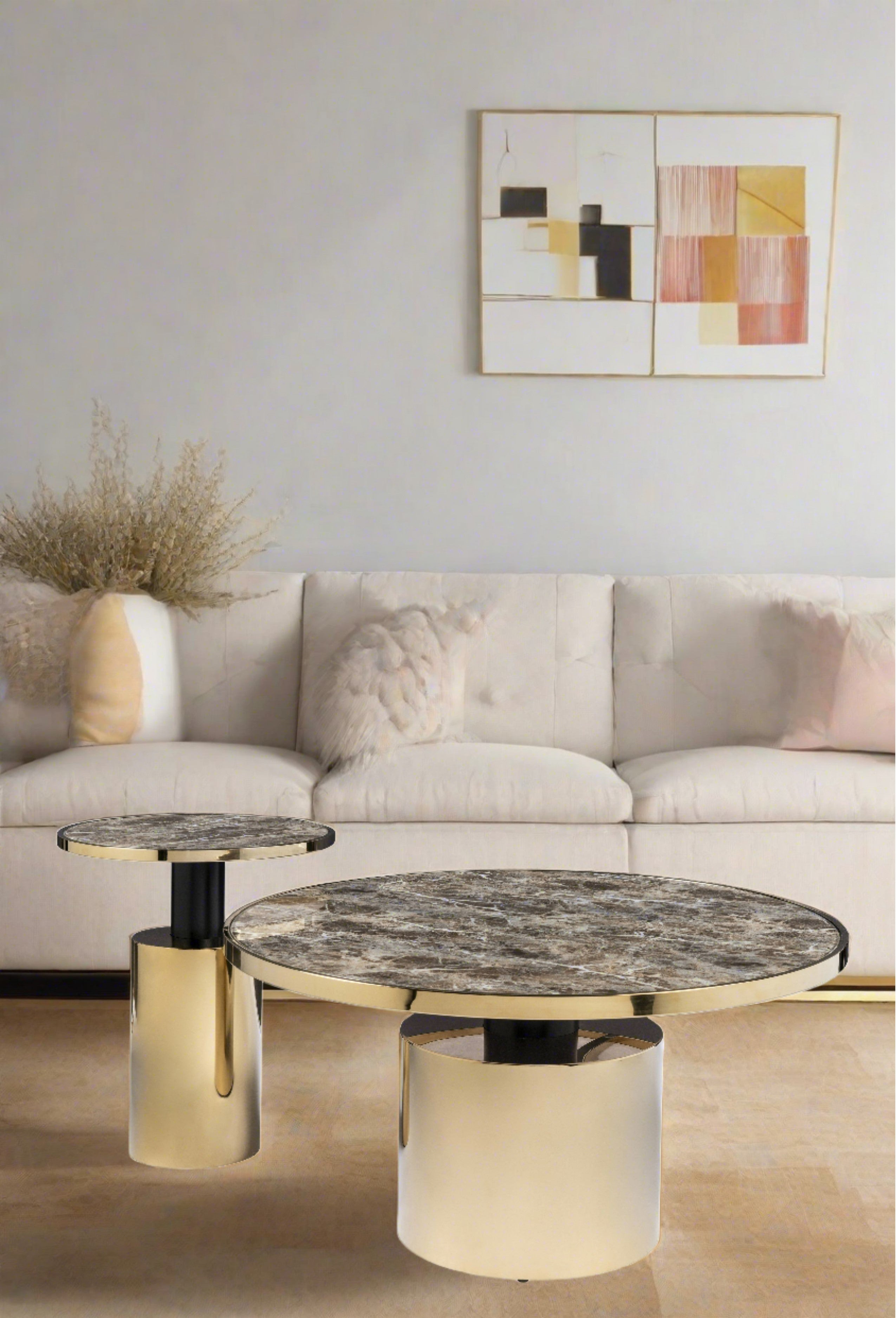 Taylor Set of 2 Modern Coffee Tables - Brown and Gold Accent Living Room Furniture for Small Spaces & Apartments