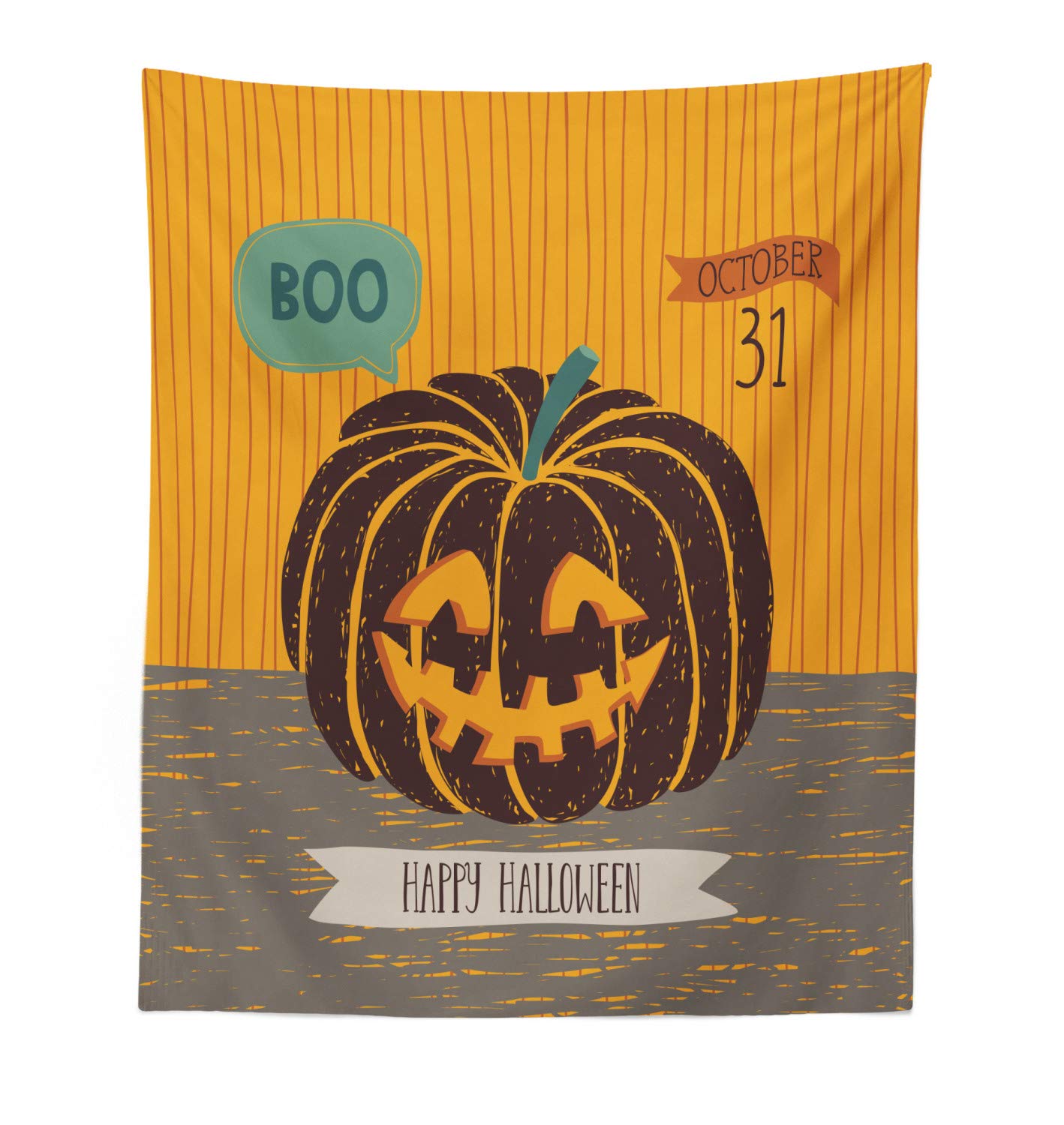 Ambesonne Halloween Tapestry - Creepy Pumpkin with 'Boo' Speech Bubble Grunge Design, Orange Grey & Dark Mauve Fabric Wall Art (23x28 inches) for Spooky Bedroom, Living Room & Dorm Decor | Perfect for Halloween Party Decorations & Gothic Home Styling