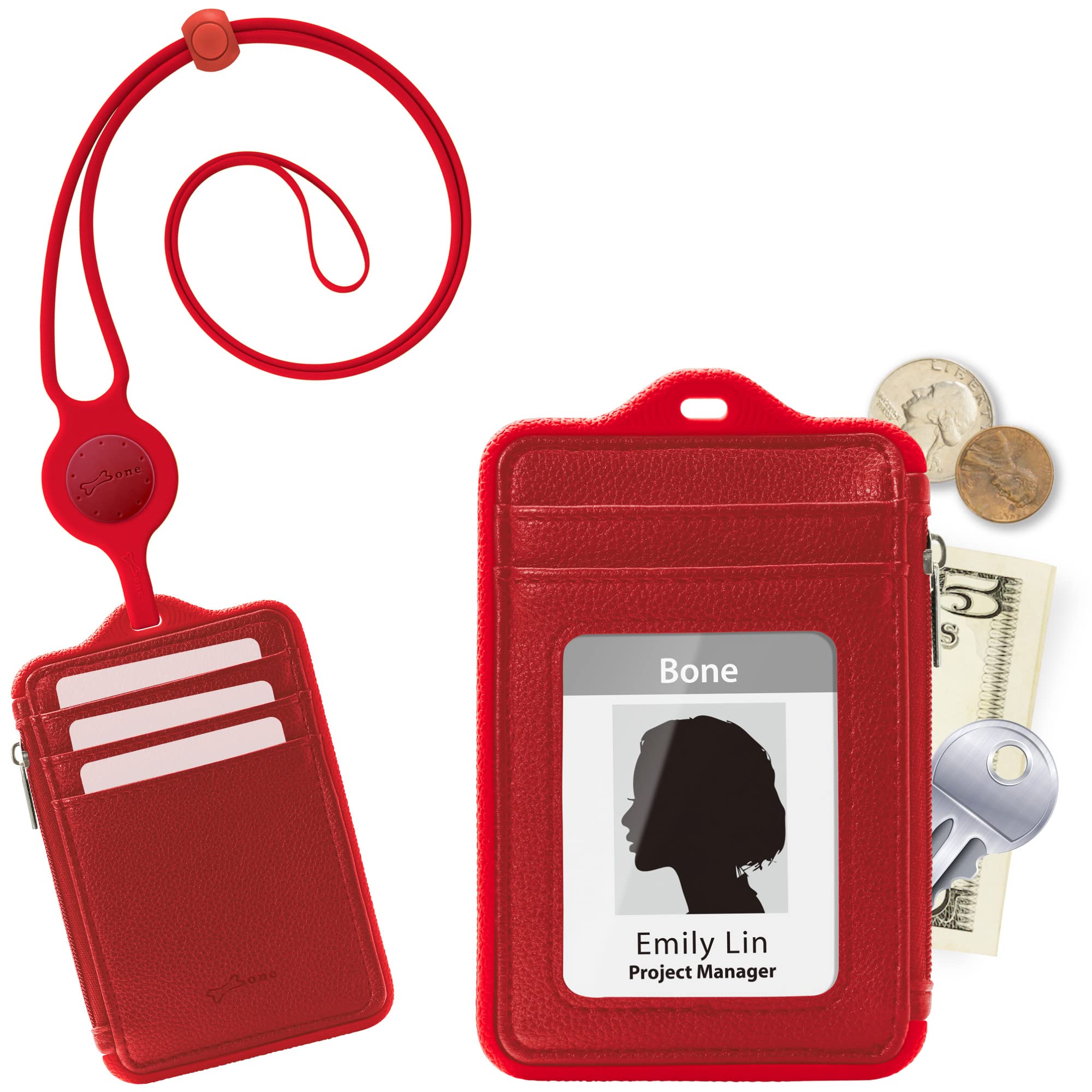 Genuine Leather ID Badge Holder with Zipper & Card Slots - for Office, School & Keys