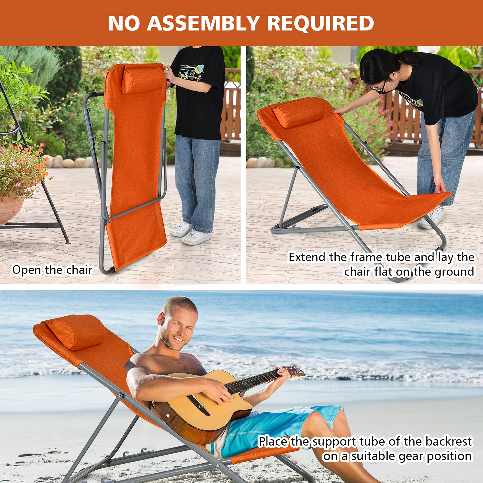 Goplus 2-Pack Beach Sling Chairs for Adults - Portable Folding Camping Chairs with 3-Position Adjustable Backrest & Comfortable Headrest - Heavy Duty Outdoor Lounge Chairs for Beach, Poolside, Backyard, and Camping (Orange)