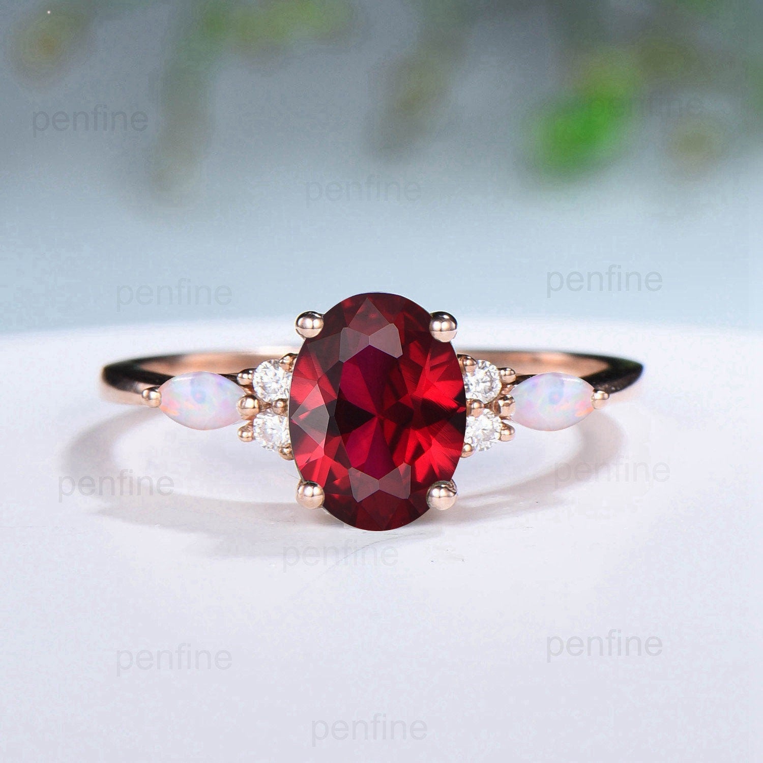 Vintage Oval Ruby Engagement Ring Set - Marquise White Opal Wedding Band with Double Curved Lab Ruby & Moissanite Stacking Bridal Jewelry for Women | Perfect for Proposals, Anniversaries & Special Occasions