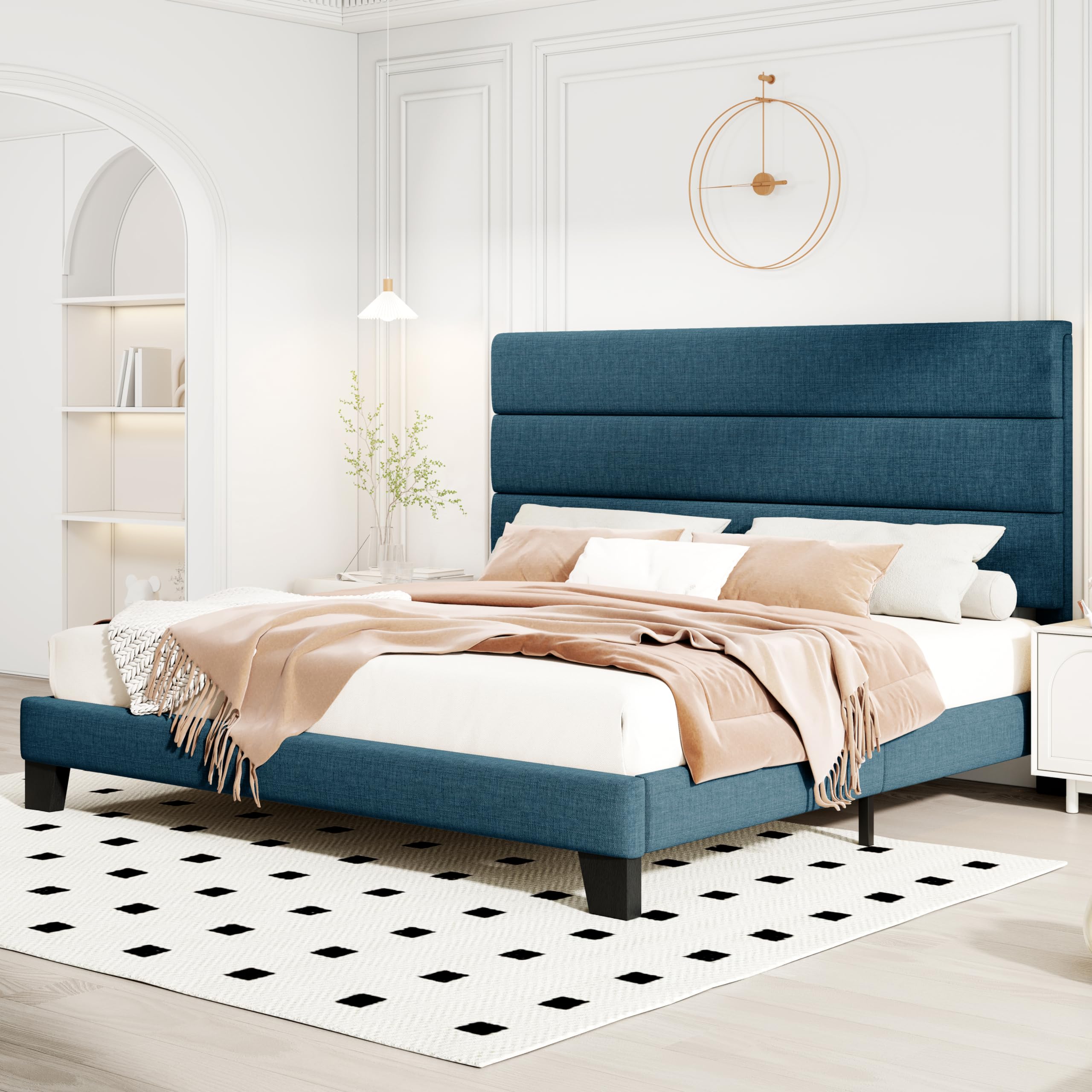 HOOMIC King Size Bed Frame with Upholstered Headboard - Sturdy Wood Slat Platform Bed Frame, No Box Spring Required, Navy Blue Fabric - Perfect for Master Bedroom, Guest Room & Apartment Sleeping