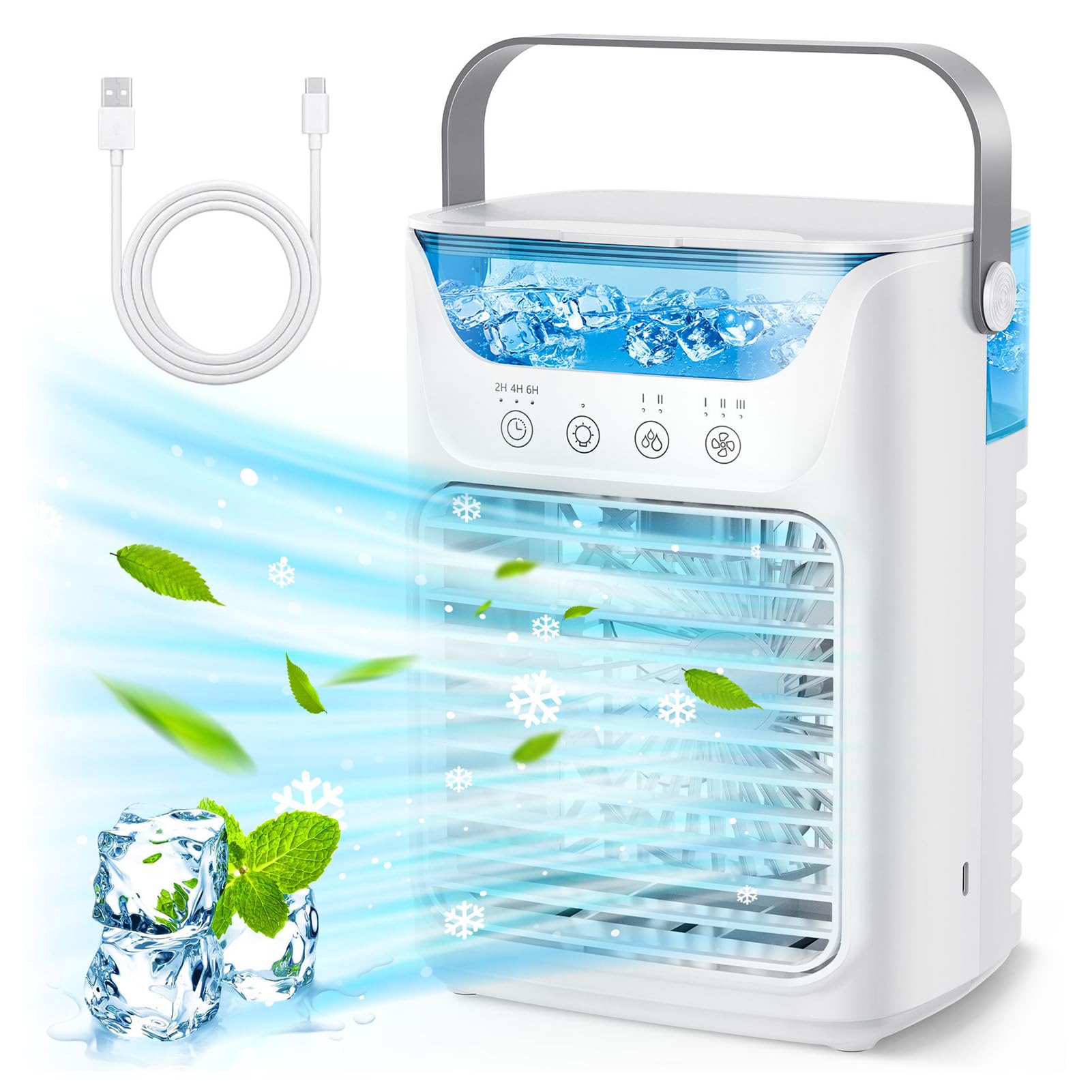 Portable USB Air Conditioner Fan - 700ML Personal Air Cooler & Humidifier with 3 Speed Settings, Auto Timer & 7-Color Night Light | Perfect for Home, Office, Camping & Travel (Desktop Cooling Fan)