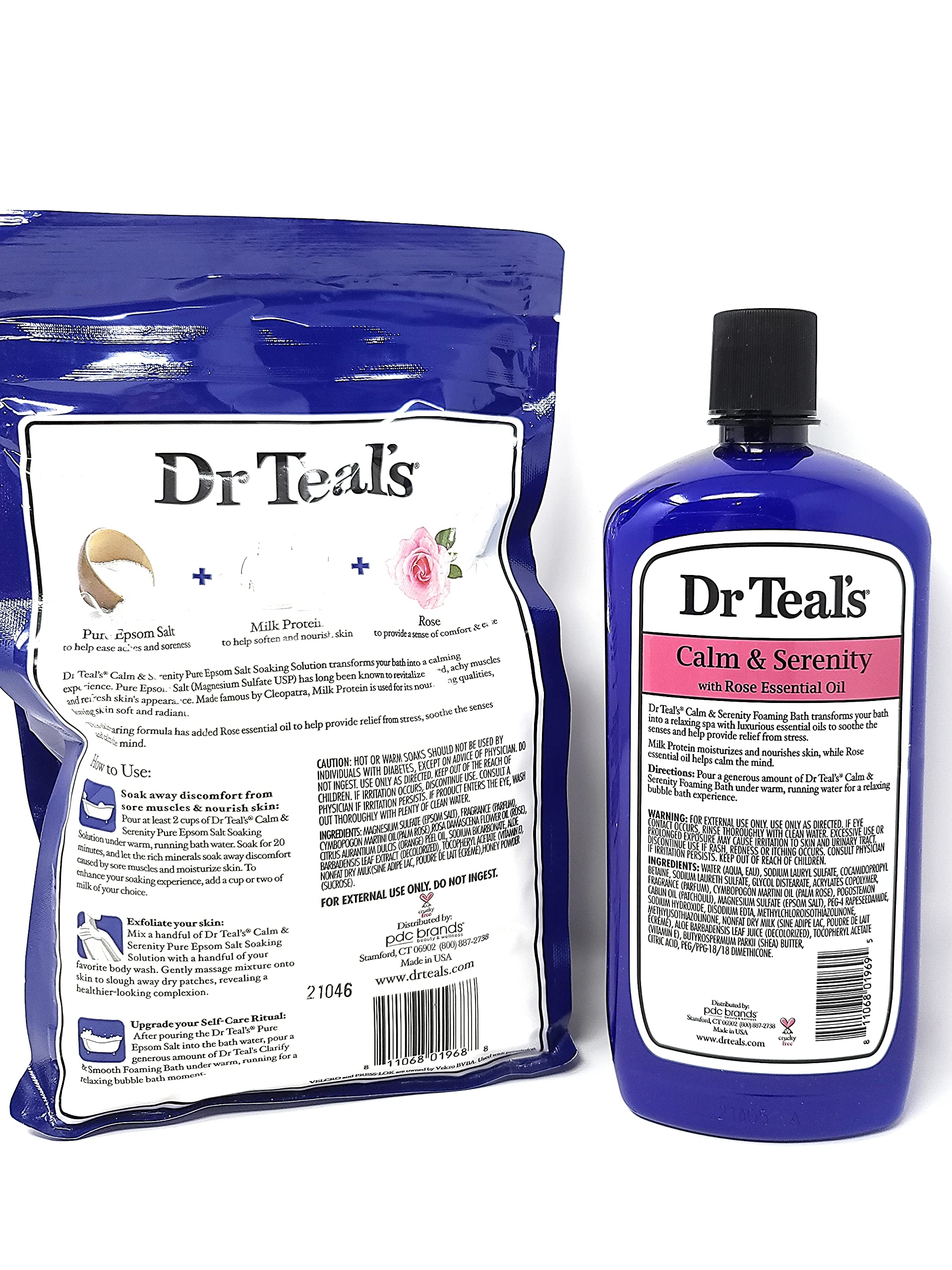 Dr Teal's Calm & Serenity Rose Essential Oil Bundle - Pure Epsom Salt Soaking Solution (3 lbs) & Foaming Bath (34 fl oz) with Milk Protein | Relaxing Bath Soak for Stress Relief & Better Sleep