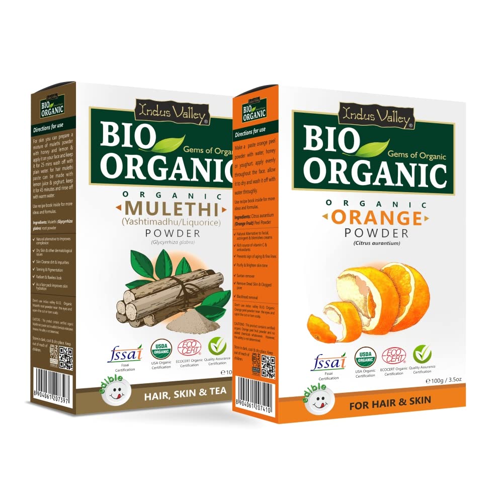 INDUS VALLEY 100% Natural Mulethi Powder (Licorice Root) with Orange Peel | Glycyrrhiza Glabra & Citrus Aurantium | Herbal Supplement for Digestion & Skin Care | 200g (2x100g) Pack | Perfect for Tea, Face Masks & Ayurvedic Remedies