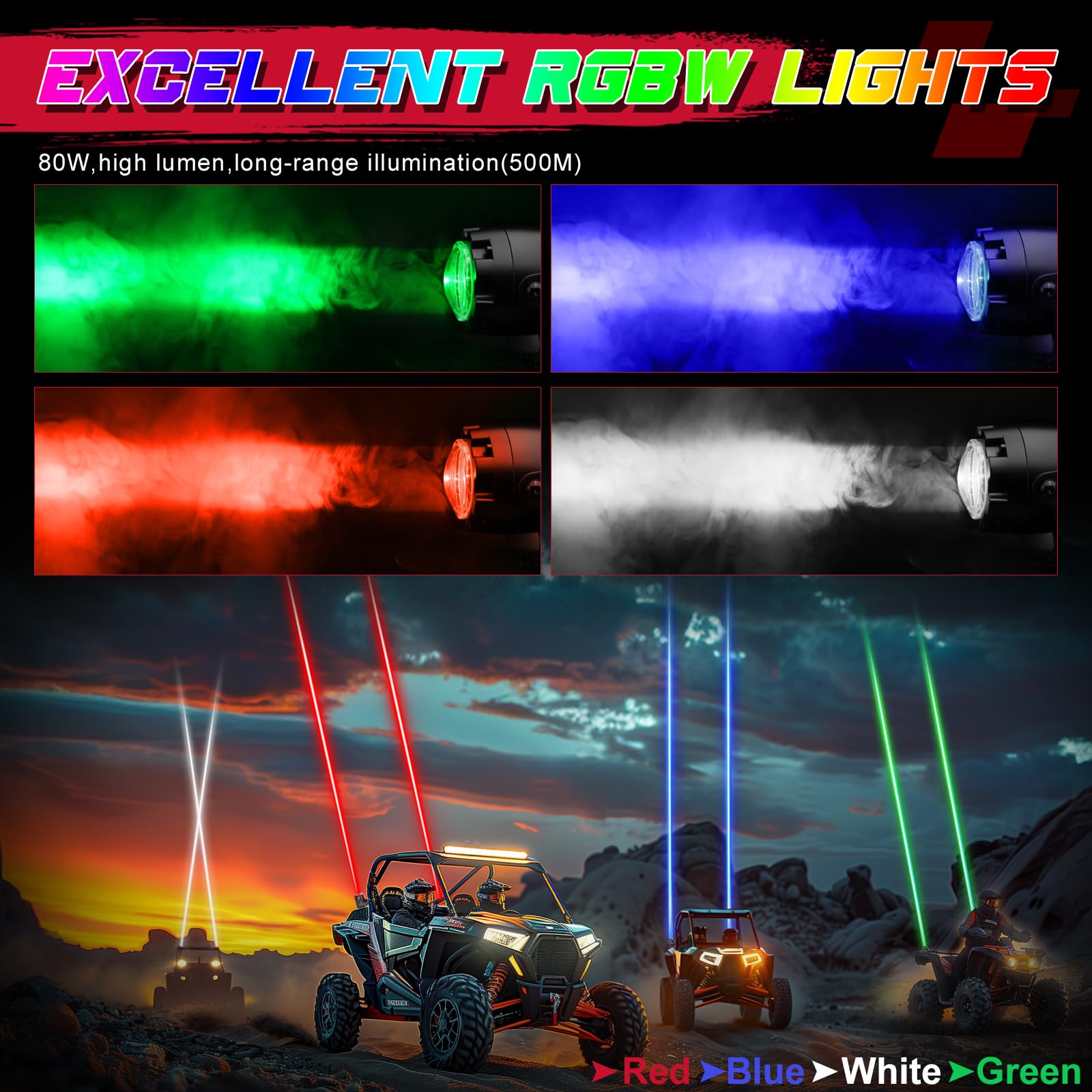 OFFROADTOWN Upgraded RGBW LED Whip Lights with Remote Control - Chase Light Antenna for UTV, ATV, SXS, RZR, Can-Am, Polaris, Truck, Jeep & Boat - Perfect for Night Off-Roading, Camping & Outdoor Adventures