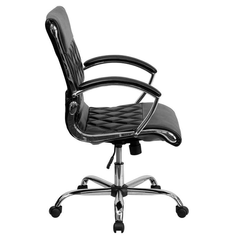 FLASH Merideth Mid Back Designer Black LeatherSoft Executive Swivel Office Chair with Chrome Base & Arms - Ergonomic Desk Chair for Home Office, Conference Room & Workspace