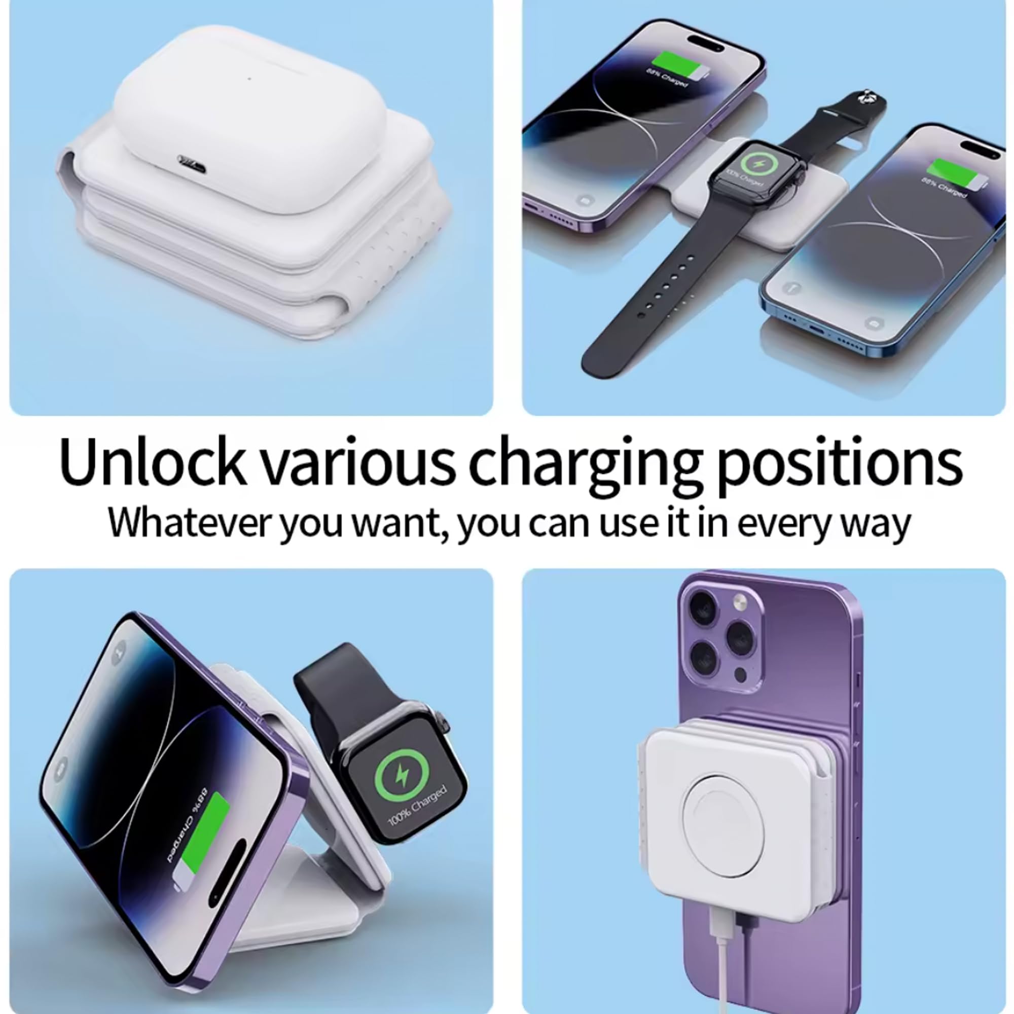 3-in-1 Magnetic Wireless Charging Station for iPhone 15/14/13/12 Series & Apple Watch 9/Ultra 2/8/7/SE | Foldable Travel Wireless Charger | Fast Charging for Home, Office & Travel