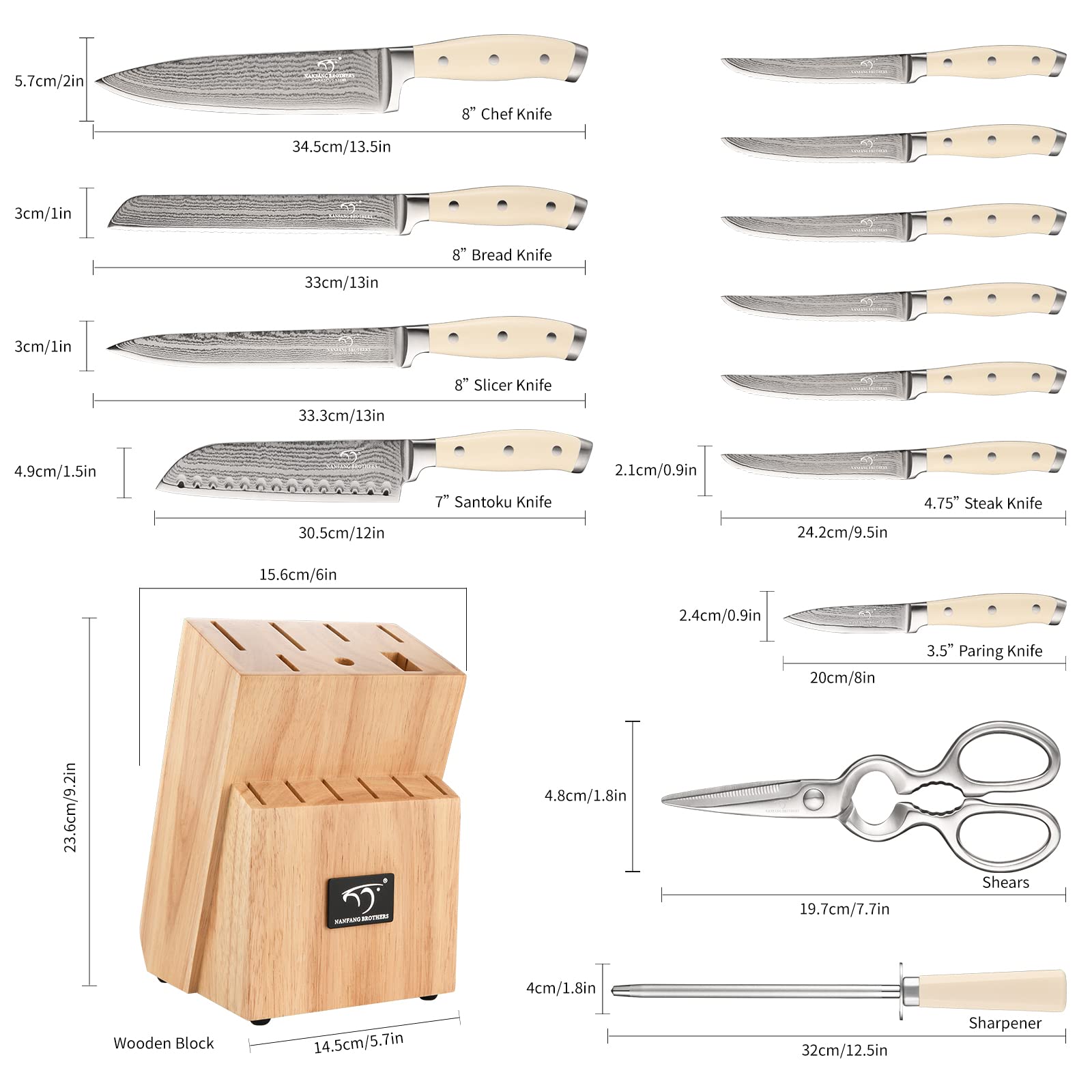 Premium 14-Piece Damascus Steel Knife Set with Wooden Block - Ergonomic ABS Handle, Knife Sharpener & Kitchen Shears - Professional Chef Knives for Chopping, Slicing, Dicing - Perfect for Home Cooking, Restaurant & Gourmet Food Preparation