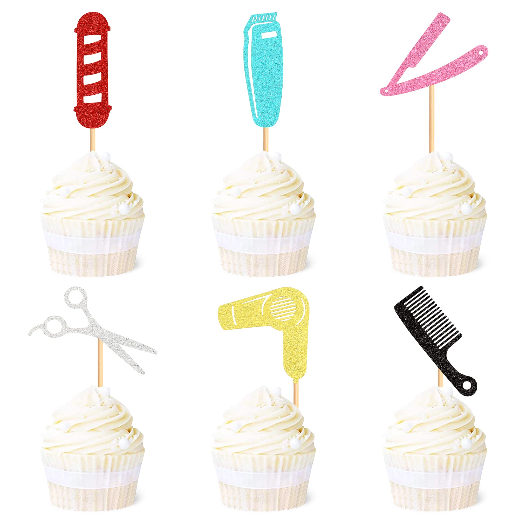 36 Pack Barbershop Themed Cupcake Toppers - Glitter Haircut Bachelorette Cupcake Picks for Bridal Shower, Birthday Party & Cake Decorations (Style 02) - Perfect for Salon-Themed Events, Wedding Showers & DIY Dessert Decor