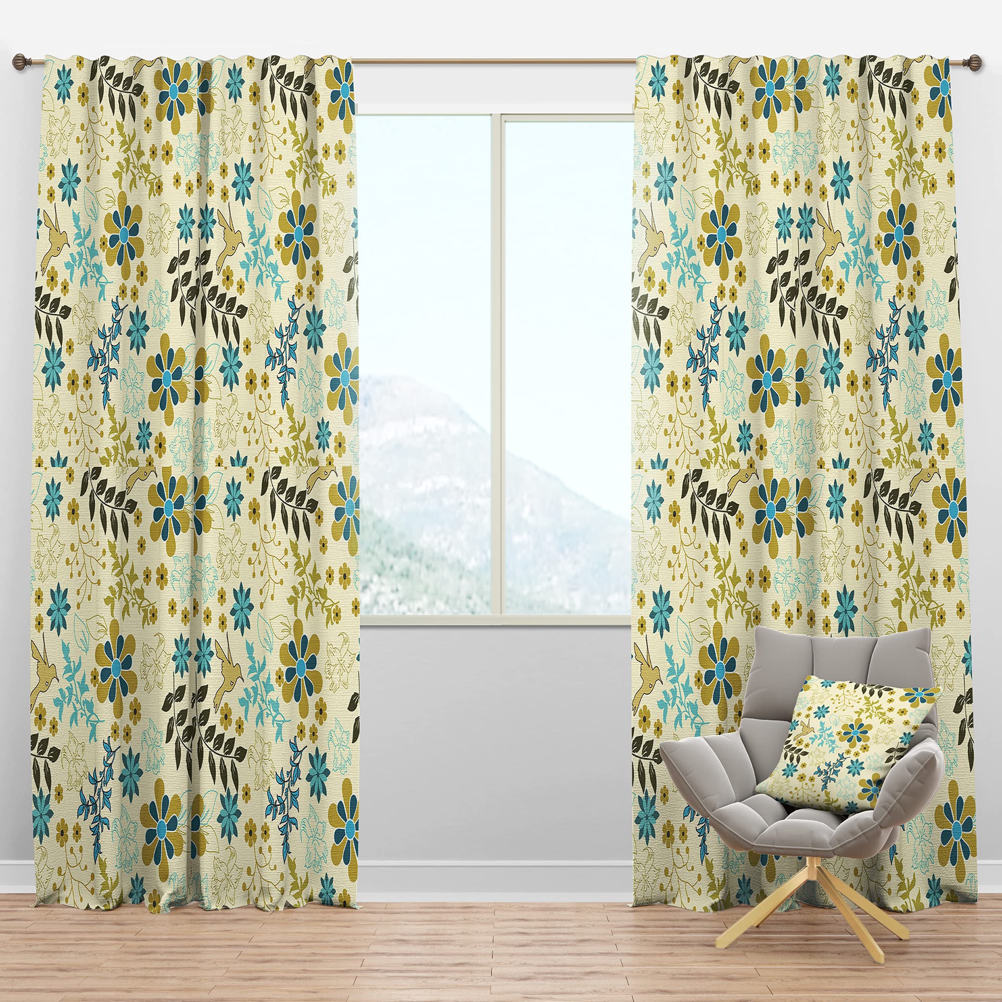 Hand Drawn Floral Hummingbird Blackout Curtains - Thermal Insulated Room Darkening Drapes for Bedroom & Living Room (52x63, Single Panel) - Perfect for Home Decor, Privacy & Energy Efficiency