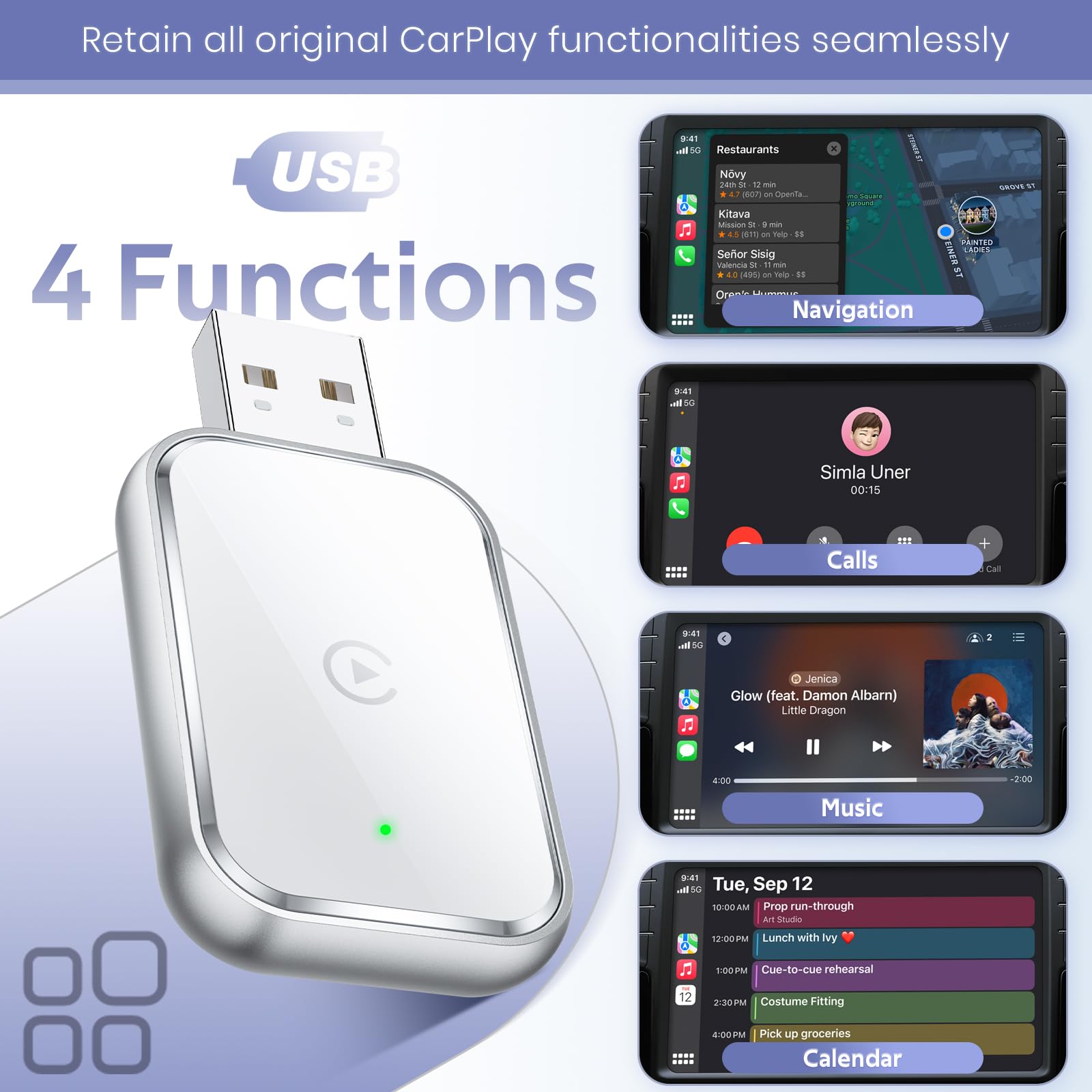 Wireless CarPlay Adapter for iPhone - Convert Wired to Wireless Apple CarPlay Dongle - Mini USB & USB-C/Type-C Adapter with Extension Cable - Fast & Stable Connection - No Delay - White - Perfect for Commuting, Road Trips & Hands-Free Driving