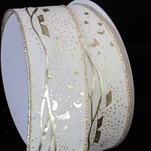 Ivory Velvet Ribbon with Gold Winter Print - 2 Inch x 20 Yards Wired Craft Ribbon for Gift Wrapping, Holiday Decorations, DIY Projects & Christmas Tree Ornaments