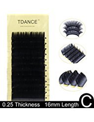 TDANCE Premium C Curl 16mm Semi Permanent Individual Eyelash Extensions - 0.25mm Thickness False Mink Silk Volume Lashes for Professional Salon, Bridal Makeup & Special Occasions