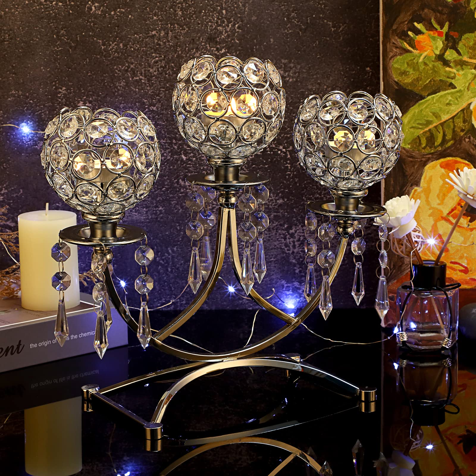 3-Arm Crystal Tealight Candle Holder - Elegant Silver Candelabra Centerpiece for Dining Table, Wedding, Christmas Party & Home Decor | Perfect for Romantic Dinners, Holiday Celebrations & Special Occasions