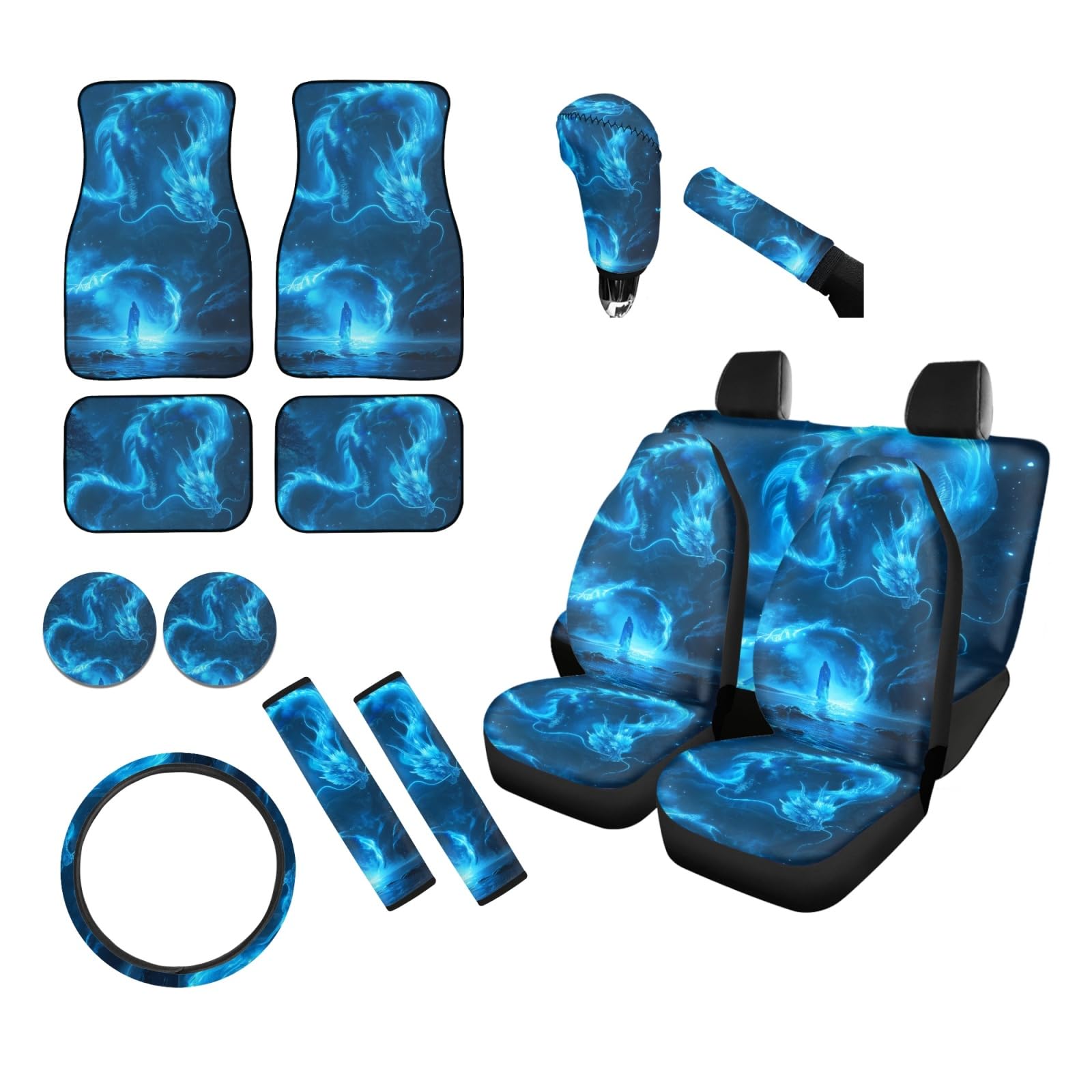 Blue Dragon Universal 15-Piece Car Seat Cover Set with Floor Mats, Steering Wheel Cover, Seatbelt Pads & Accessories - Perfect for SUVs, Trucks & Sedans