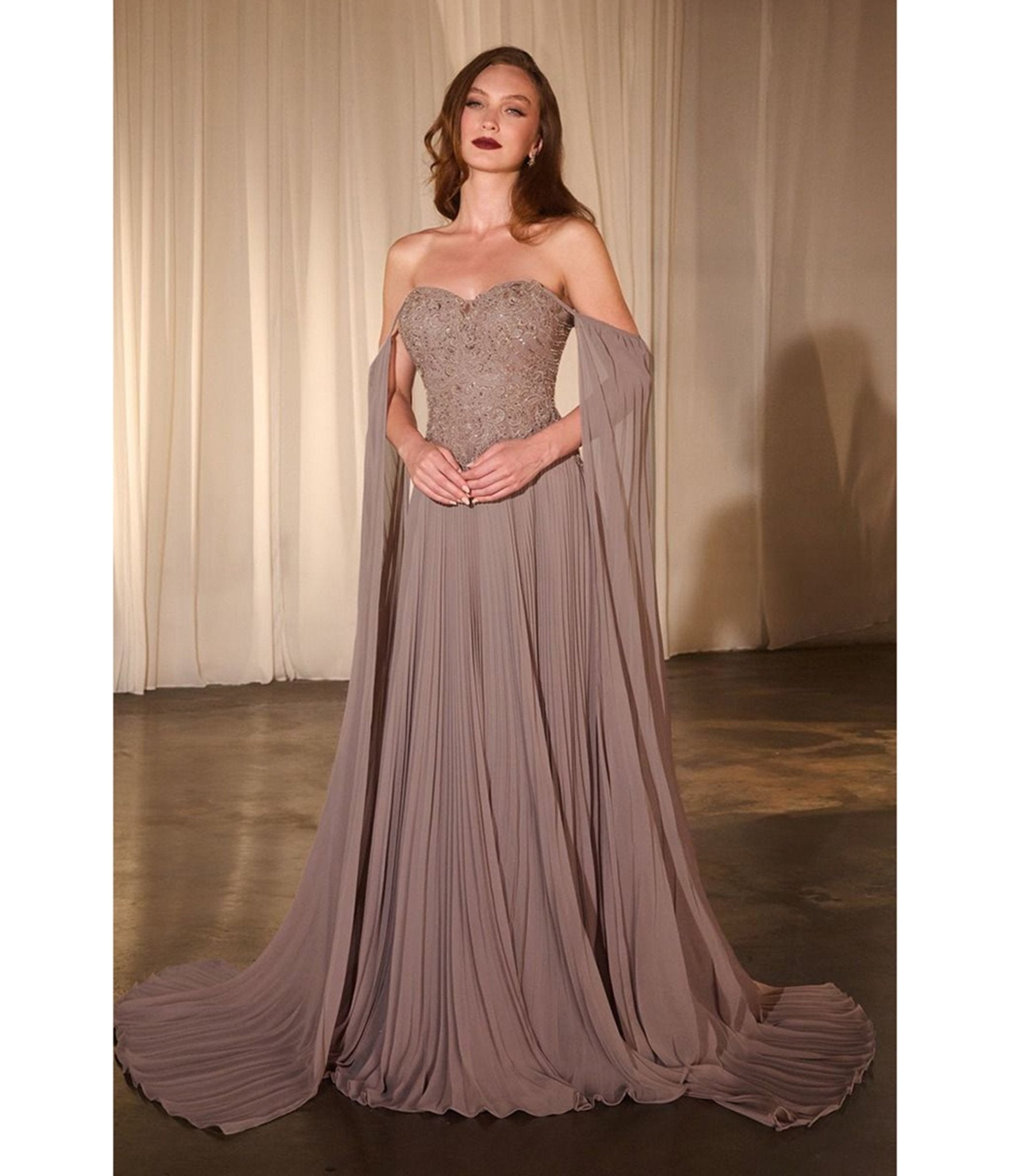 Ladivine by Cinderella Divine Mocha Pleated Cape Sleeve A-Line Prom Dress for Homecoming, Evening Gala & Formal Events | Elegant Long Ball Gown for Women & Teens