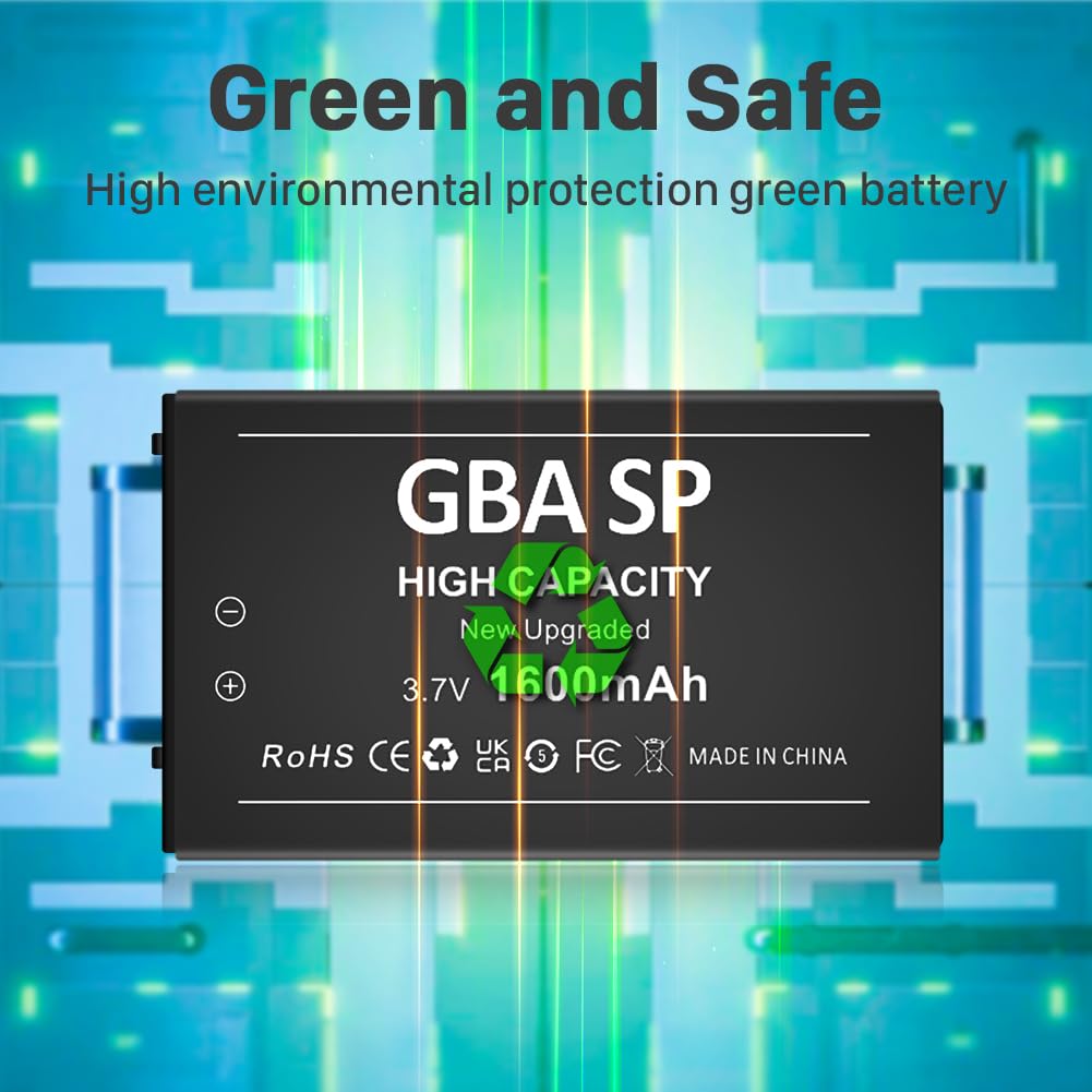 Upgraded 1600mAh Rechargeable Lithium-ion Battery Pack for Gameboy Advance SP (GBA SP) - Replacement Battery for AGS-001 & SAM-003 Models with Tool Kit - Perfect for Gaming On-The-Go & Retro Console Enthusiasts