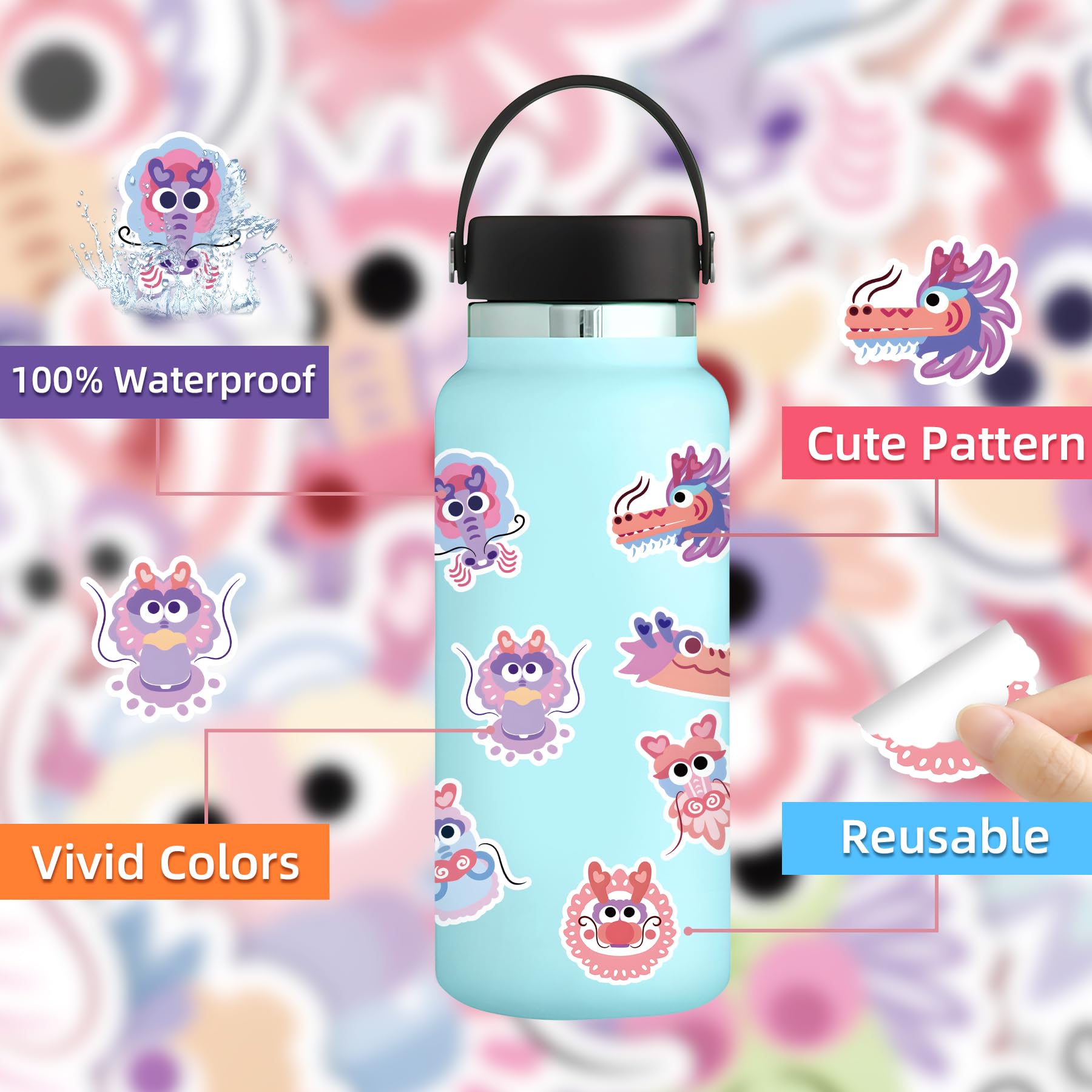 60 PCS Preppy Dragon Water Bottle Stickers - Cute Chinese Graffiti Vinyl Decals for Kids, Teens & Adults - Waterproof Laptop, Phone, Skateboard Stickers - Perfect for School Rewards, DIY Crafts & Room Decor