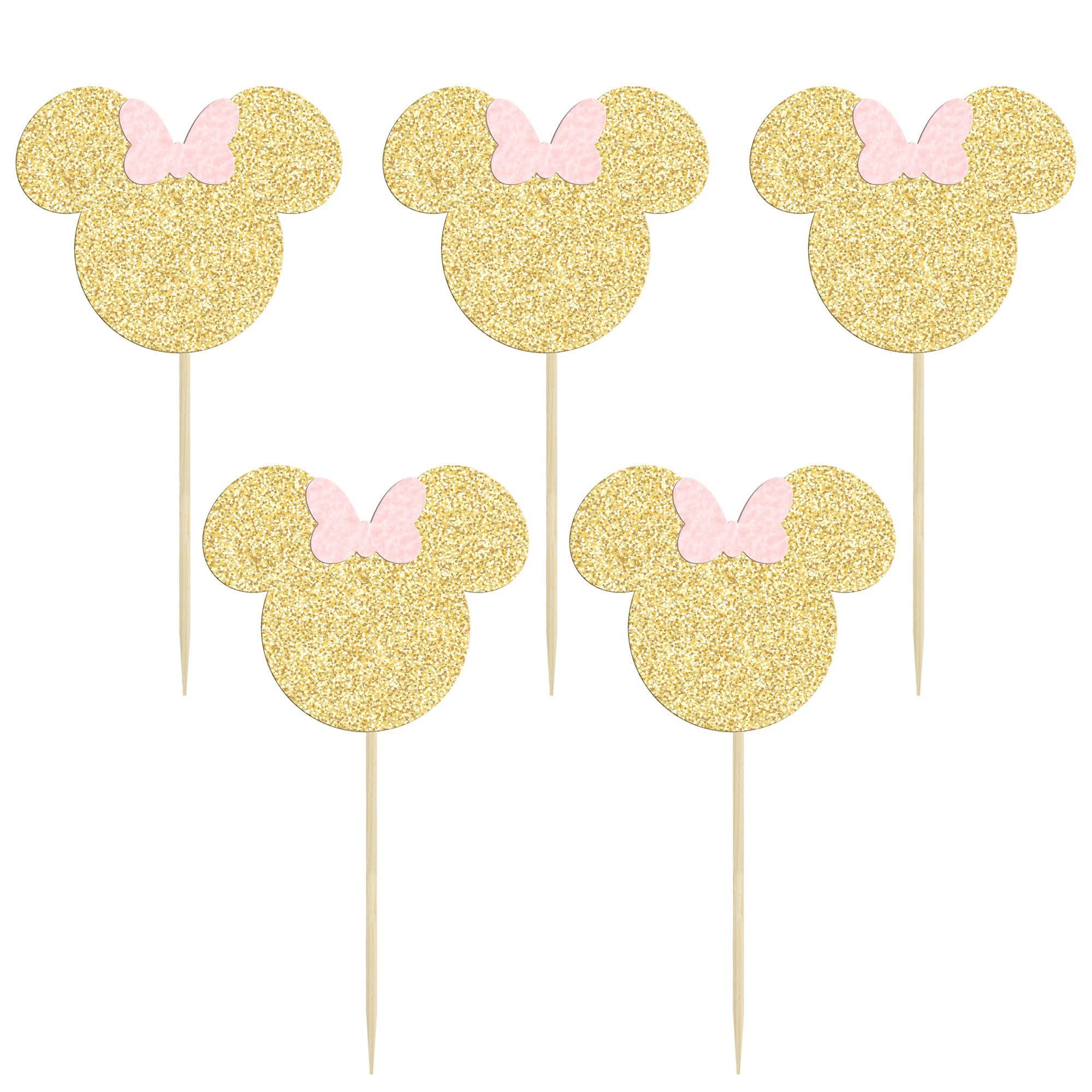 36 Pack Mouse-Inspired Cupcake Toppers with Pink Bow & Gold Glitter - Adorable Baby Shower, Wedding, Kids Birthday Party Cake Decorations - Perfect for Themed Desserts, DIY Baking, and Special Celebrations
