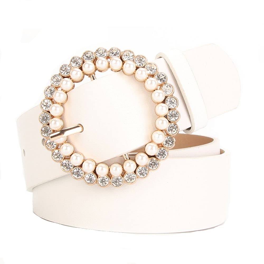 Vintage Women's Pu Leather Pearl Belt with Round Buckle - Classic Casual Dress Accessory for Women (White) | Perfect for Dresses, Skirts, and Formal Outfits