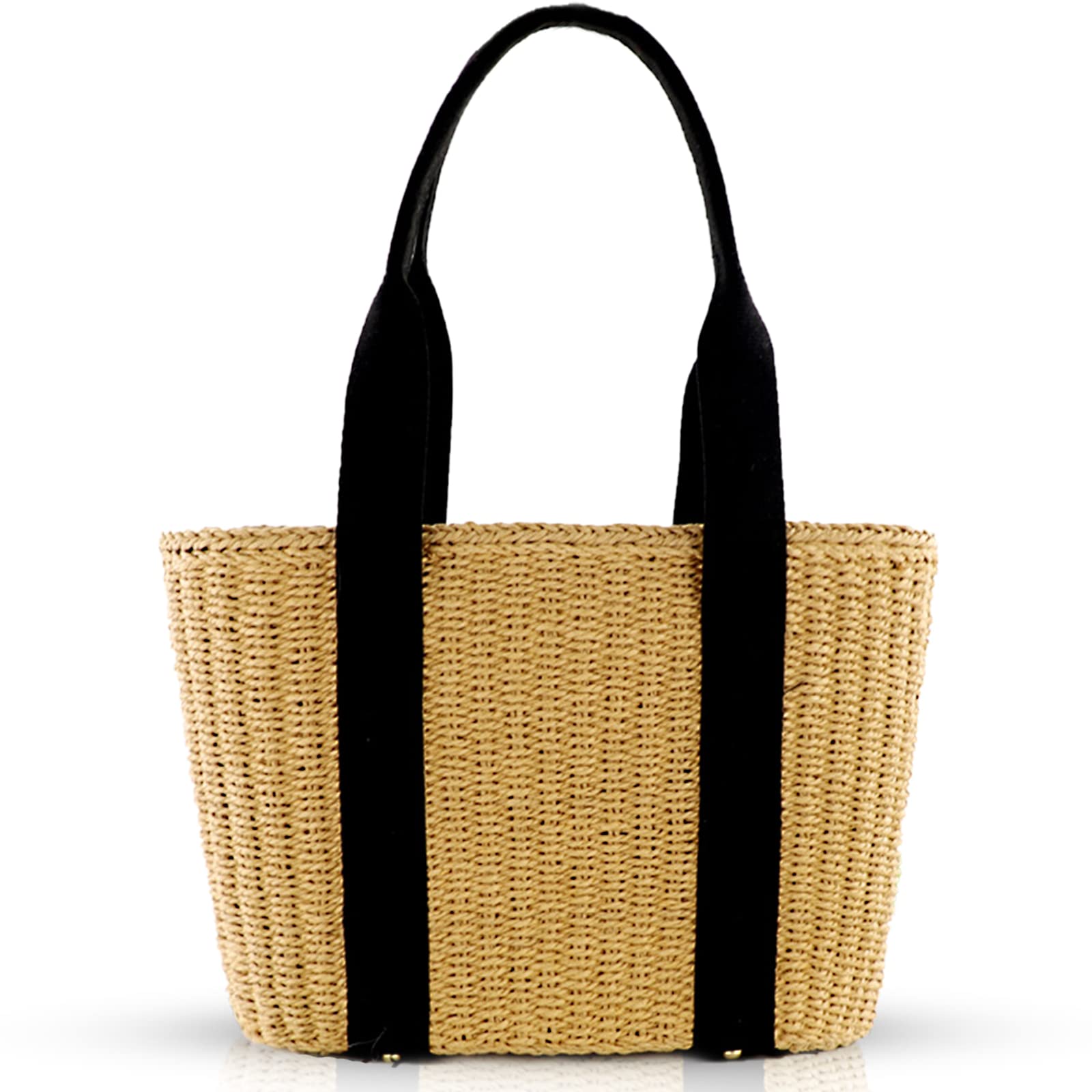 Straw Beach Bag for Women - Woven Handmade Shoulder Bag with Padded Canvas Straps, Large Vacation Travel Tote for Daily Use, Summer Outings & Shopping (Khaki)