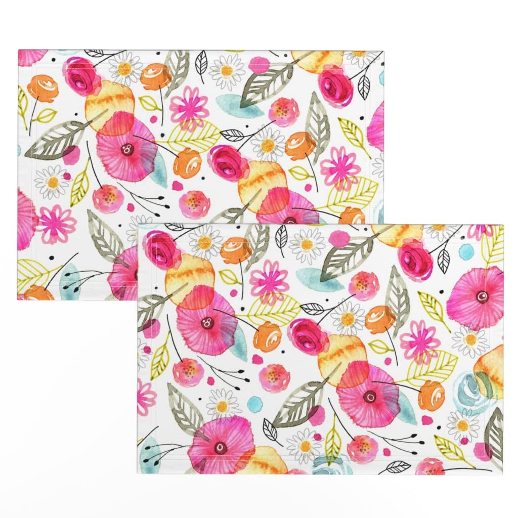 Premium Linen Cotton Canvas Placemats Set of 2 - Watercolor Poppy Floral Spring Garden Design for Dining Table Decor | Washable & Durable for Everyday Use, Parties, and Special Occasions