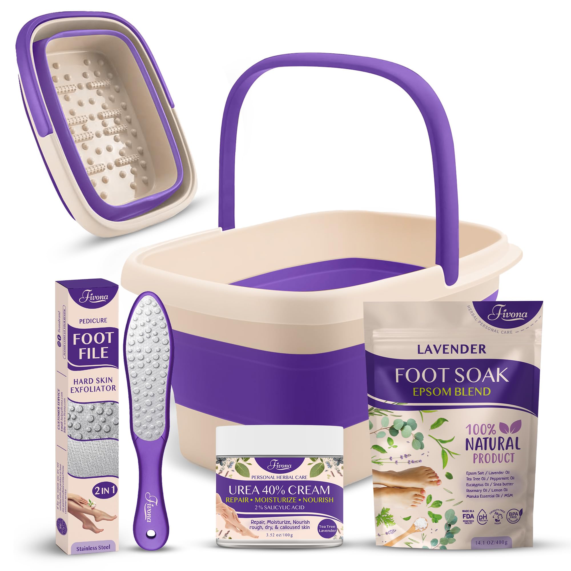 Fivona 4-in-1 Foot Care Kit with Epsom Salt & Essential Oils - Lavender Foot Soak Blend, Collapsible Basin, 40% Urea Cream for Dry Cracked Feet, Dual Action Foot File - Perfect for Pedicure, At-Home Spa & Foot Relaxation Therapy