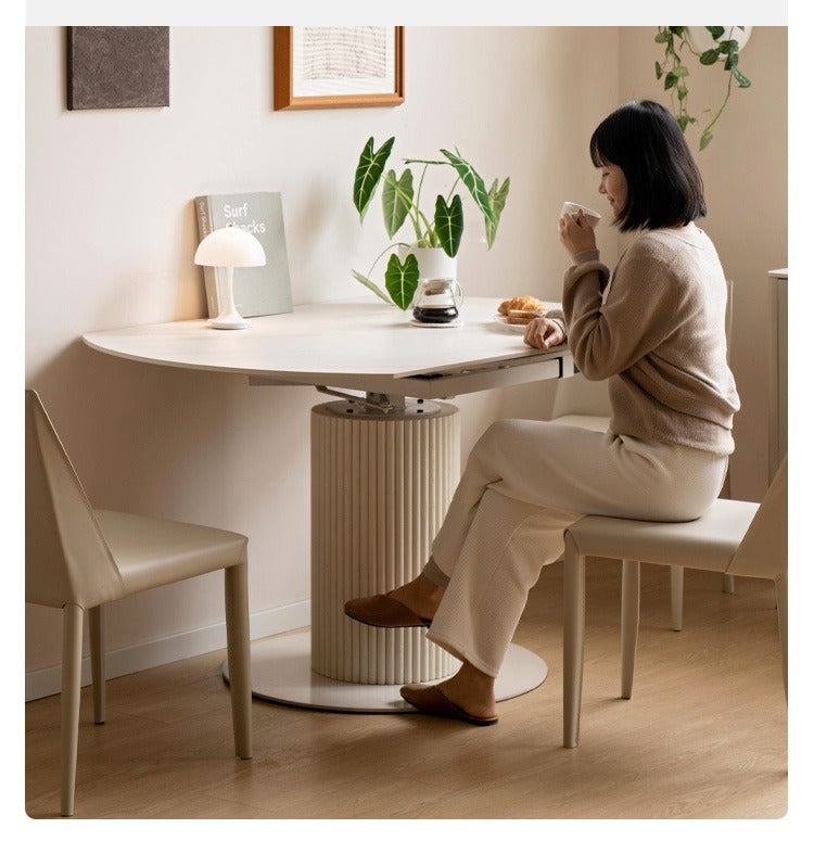Solid Oak Wood Round Extendable Dining Table with Rock Plate Design - Cream Finish for Modern Dining Room & Kitchen Decor