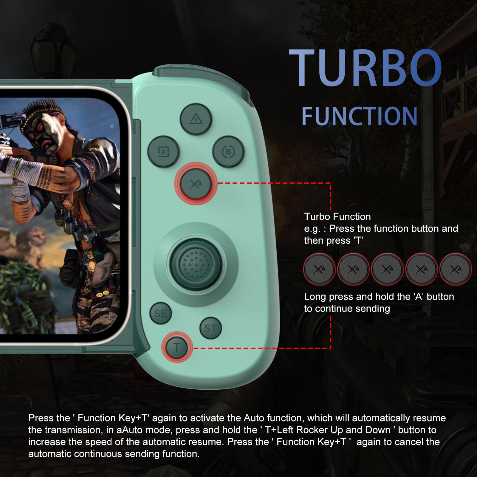 Wireless Gamepad for iPhone Android PC - 6-Axis Gyro & Dual Motors - Green - Perfect for Cloud Gaming & Console Streaming