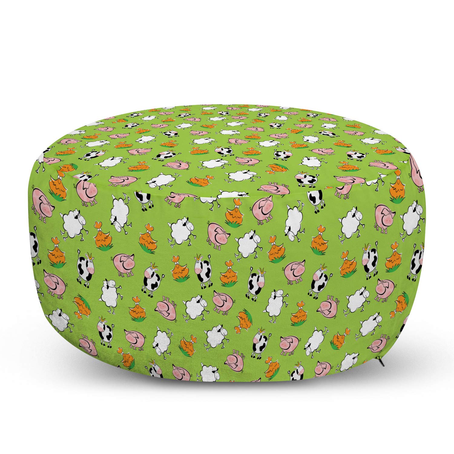 Ambesonne Farm Animal Ottoman Pouf - Green Cartoon Cattle, Sheep, Pig, Chicken & Cow Print - Soft Foot Rest with Removable Cover for Living Room & Bedroom - Perfect Farmhouse Decor & Cozy Seating Accent