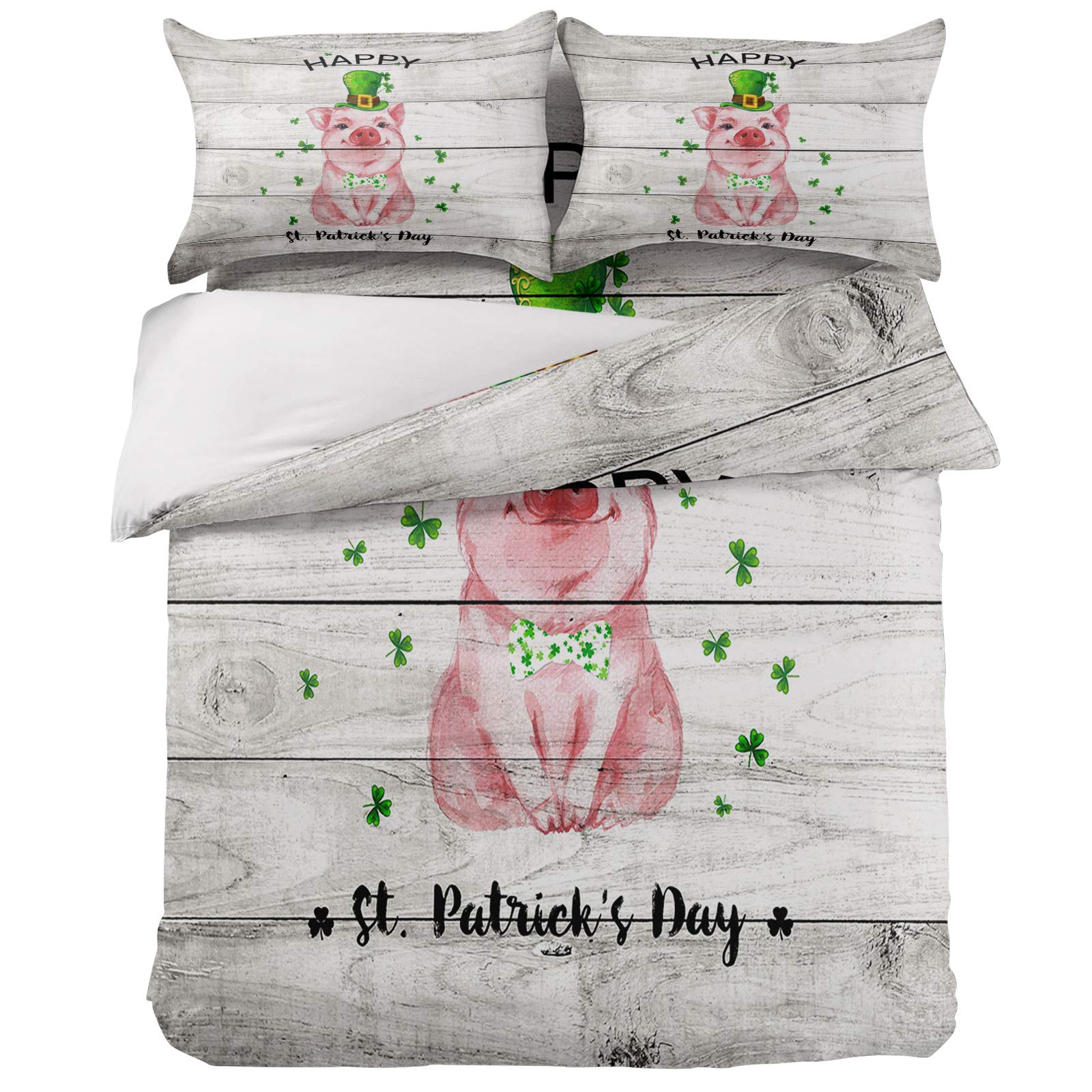 4-Piece Pink Pig on Vintage Wood Grain Twin Duvet Cover Set with Soft Comforter Cover, Flat Sheet & Pillowcases - Farmhouse Bedroom Decor for St. Patrick's Day Lucky Clover & Animal Theme - Perfect for Kids' Rooms, Guest Bedrooms & Themed Holiday Decorations