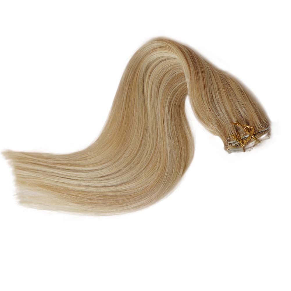 Remy Clip in Hair Extensions 12 Inch - Soft Real Human Hair, Balayage Natural Beige Blonde with Bleach Blonde Highlights (70g, 7Pcs) for Women - Perfect for Volume, Length & Styling for Parties, Weddings & Daily Wear