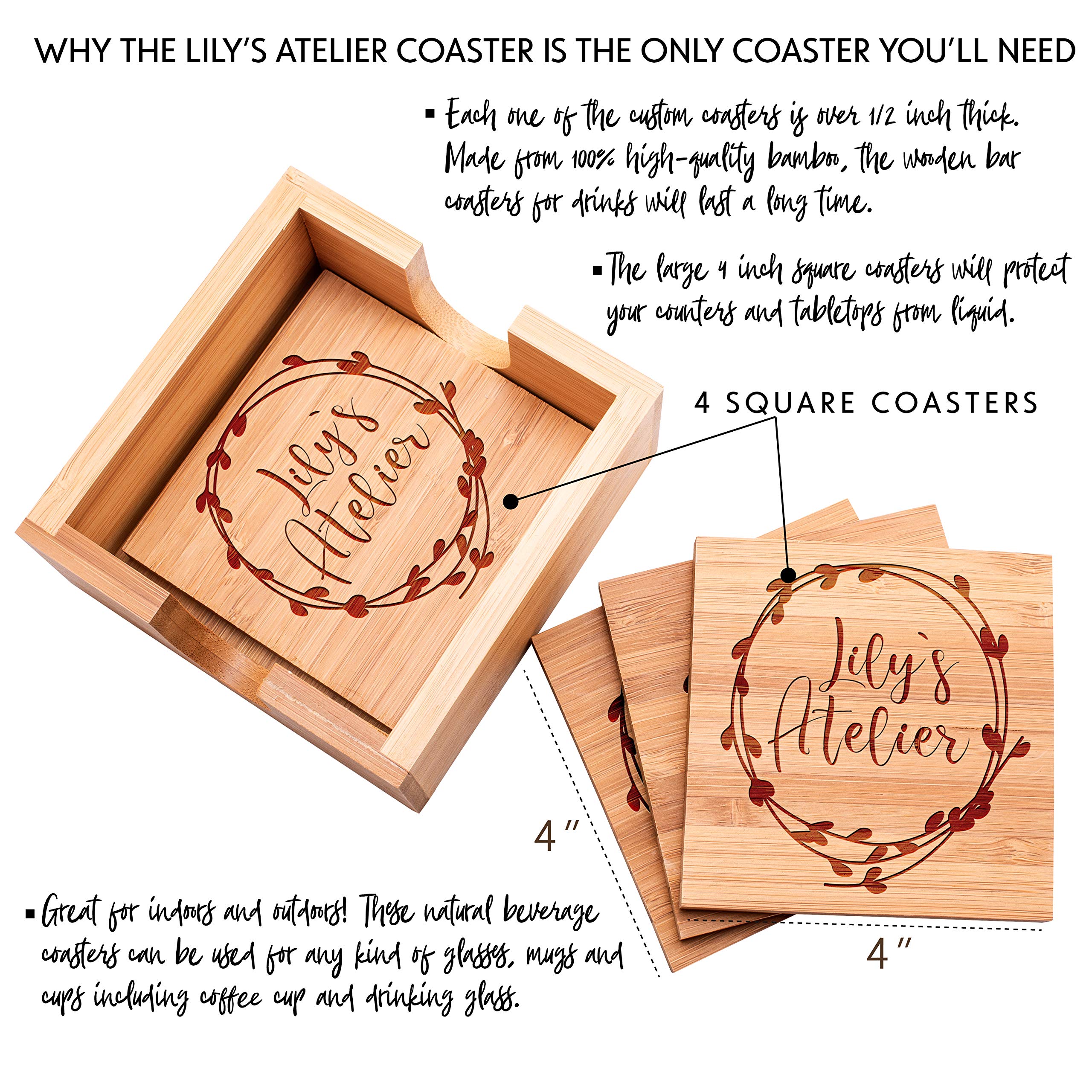 4-Pack Personalized Engraved Bamboo Coasters Set with Holder - Custom Wood Drink Coasters for Coffee Table - Unique Housewarming Gift for New Home - Perfect for Parties, Weddings & Home Decor