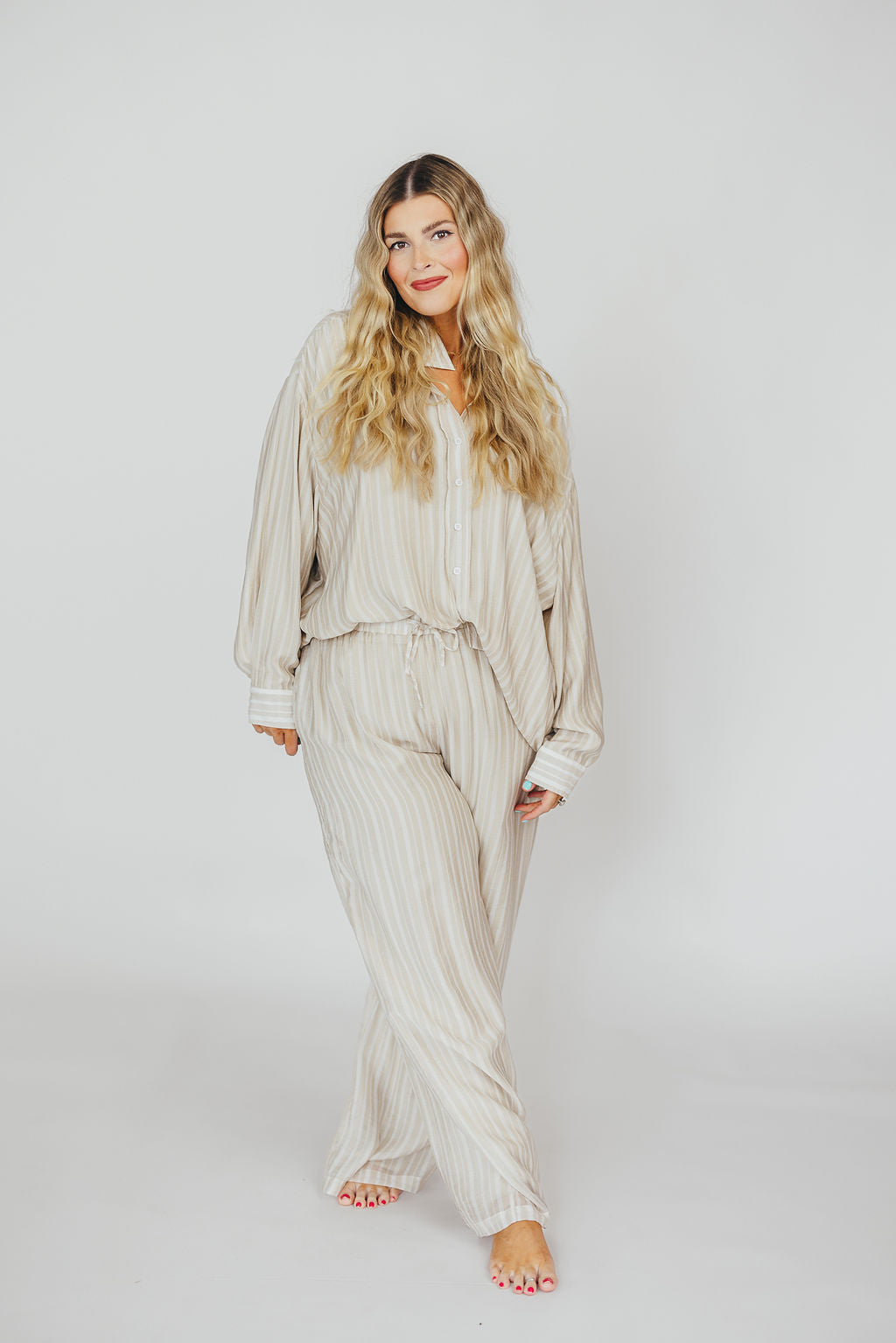 Sloane Striped Nursing-Friendly Button Down Shirt & Pants Set in Natural - Comfortable Maternity Outfit for Breastfeeding Moms
