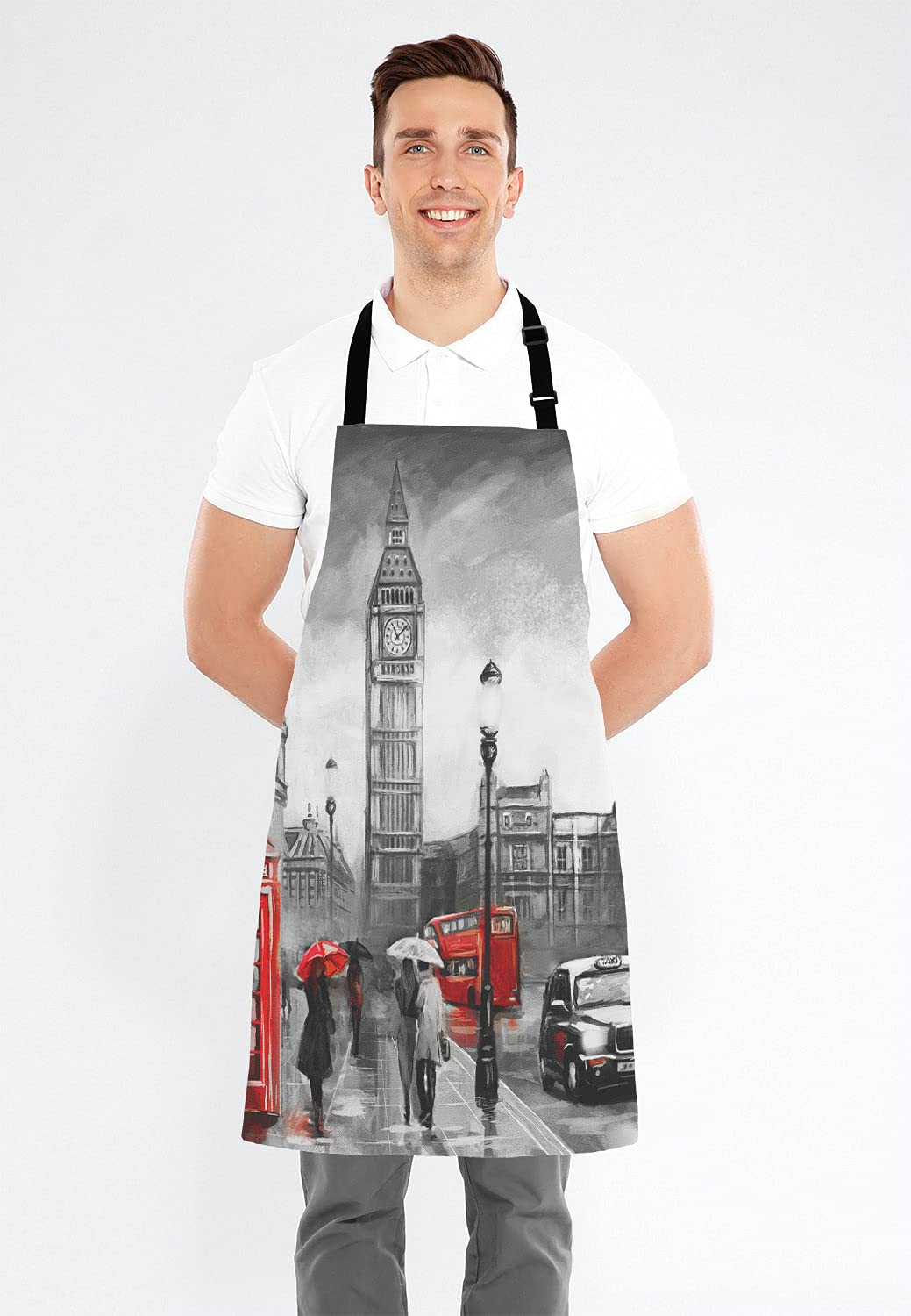 Adjustable Bib Apron for Men & Women - London Street View Design - Perfect for Cooking, Baking, BBQ, Grilling, Waitressing & Chef Work - Ideal for Home Kitchen, Bistro & Professional Use