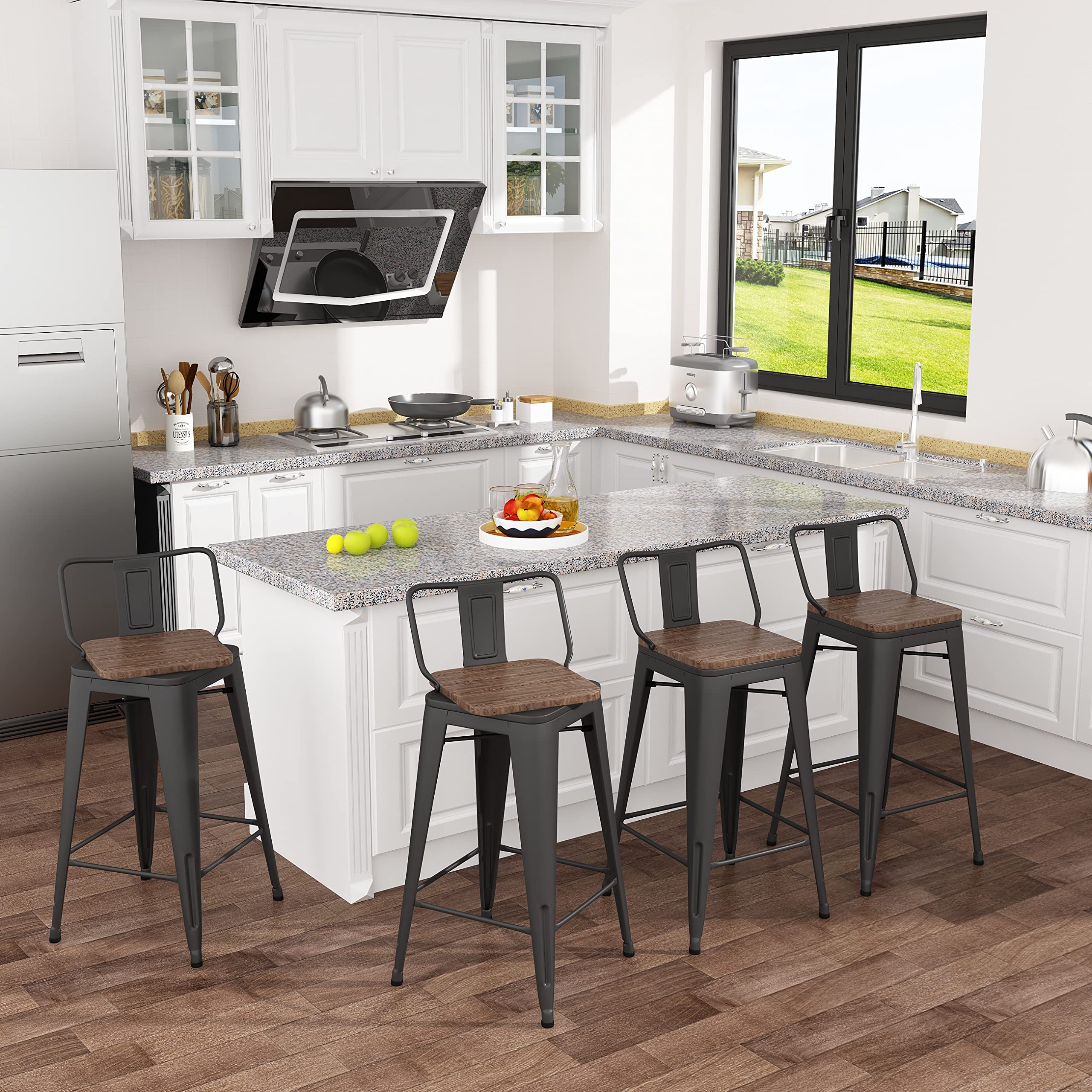 Aklaus 24 Inch Swivel Bar Stools Set of 4 - Metal Counter Height Stools with Backs, Farmhouse Style, Matte Black - Perfect for Kitchen Islands, Breakfast Bars & Home Decor